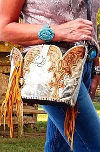 cowboy boot bucket bag with fringe made by hand at chris thompsong bags
