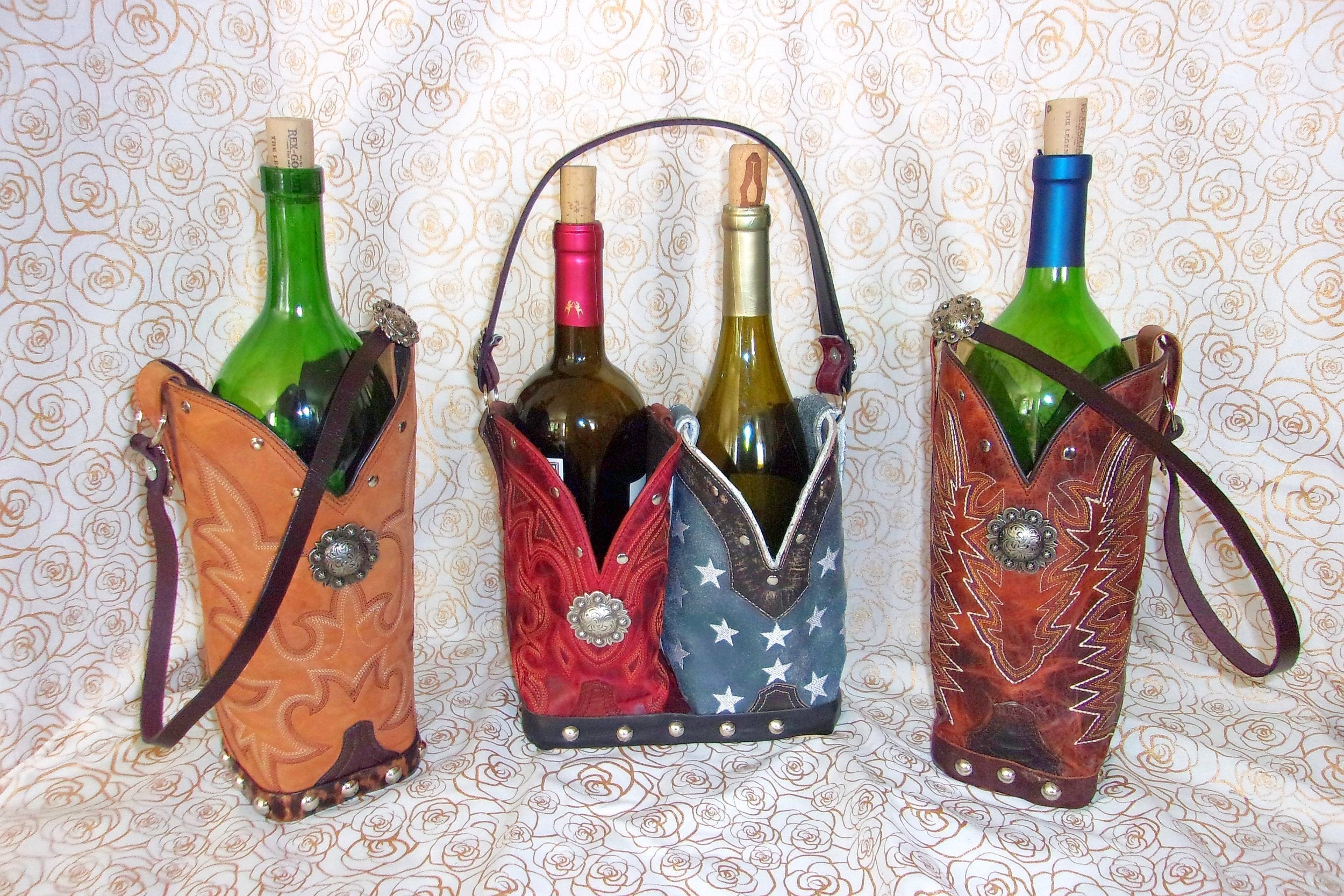 Double Cowboy Boot Wine Tote, Wine Lovers Gift, Leather Barware, Cowboy Boot Centerpiece, Recycled good Cowboy Boots, Handmade Wine Carrier pp40