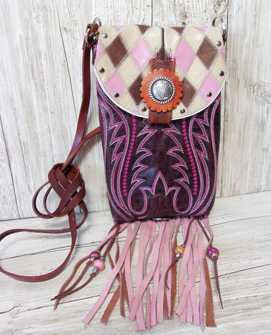 Cowboy Boot Crossbody Fringe Hipster Bag HP813 handcrafted from cowboy boots. Shop all unique leather western handbags, purses and totes at Chris Thompson Bags