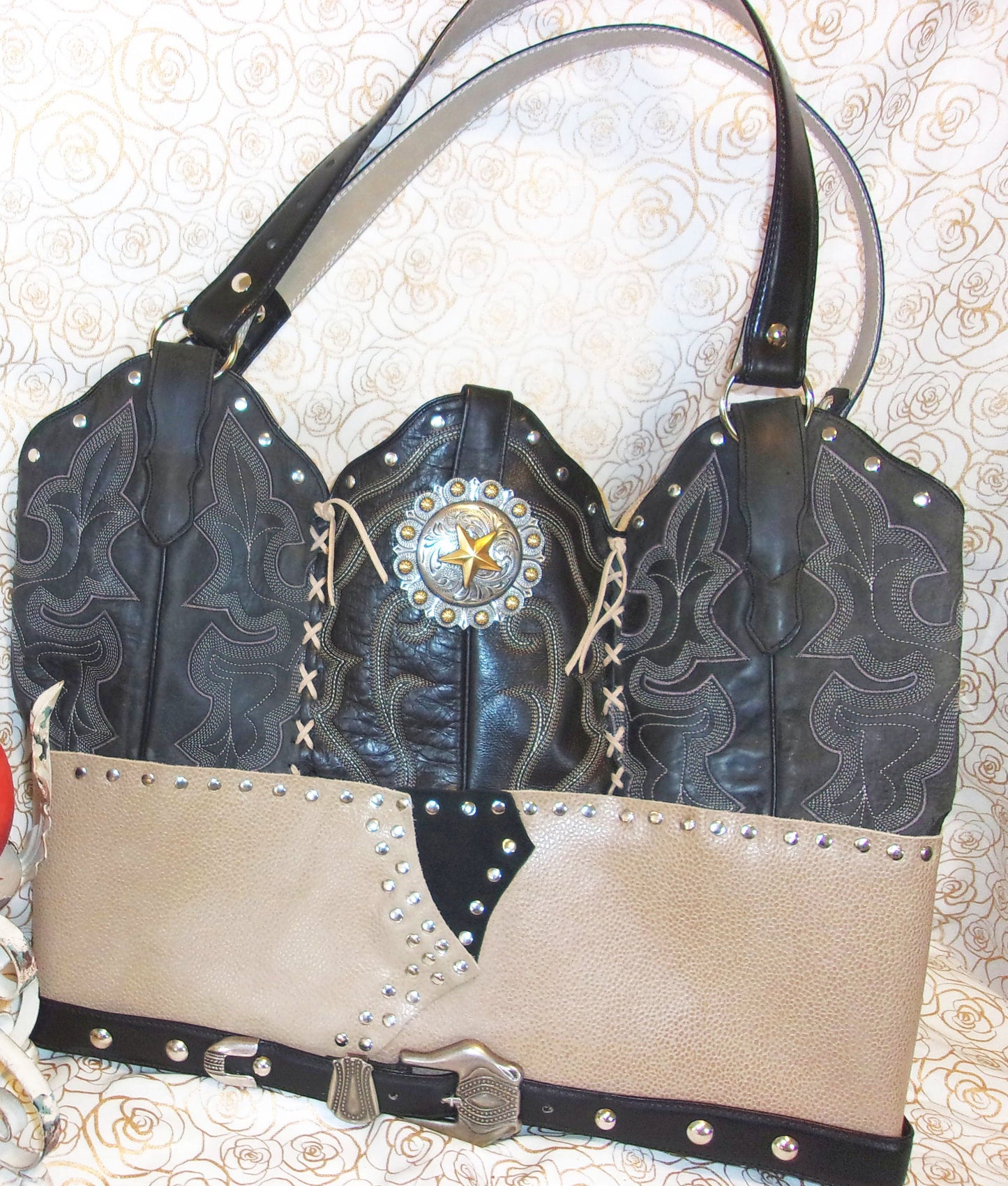 Cowboy Boot Laptop Tote LT29 handcrafted from cowboy boots. Shop Handbags at ChrisThompsonBags.com and buy the best boot purse, cowboy boot purse, cowgirl handbag, leather laptop tote, recycled cowboy boots, unique gift for her, unique gift for him, unique travel bag, western diaper bag, western laptop tote, western travel bag, XL cowboy Boot Purse, XL leather tote at Chris Thompson Bags.