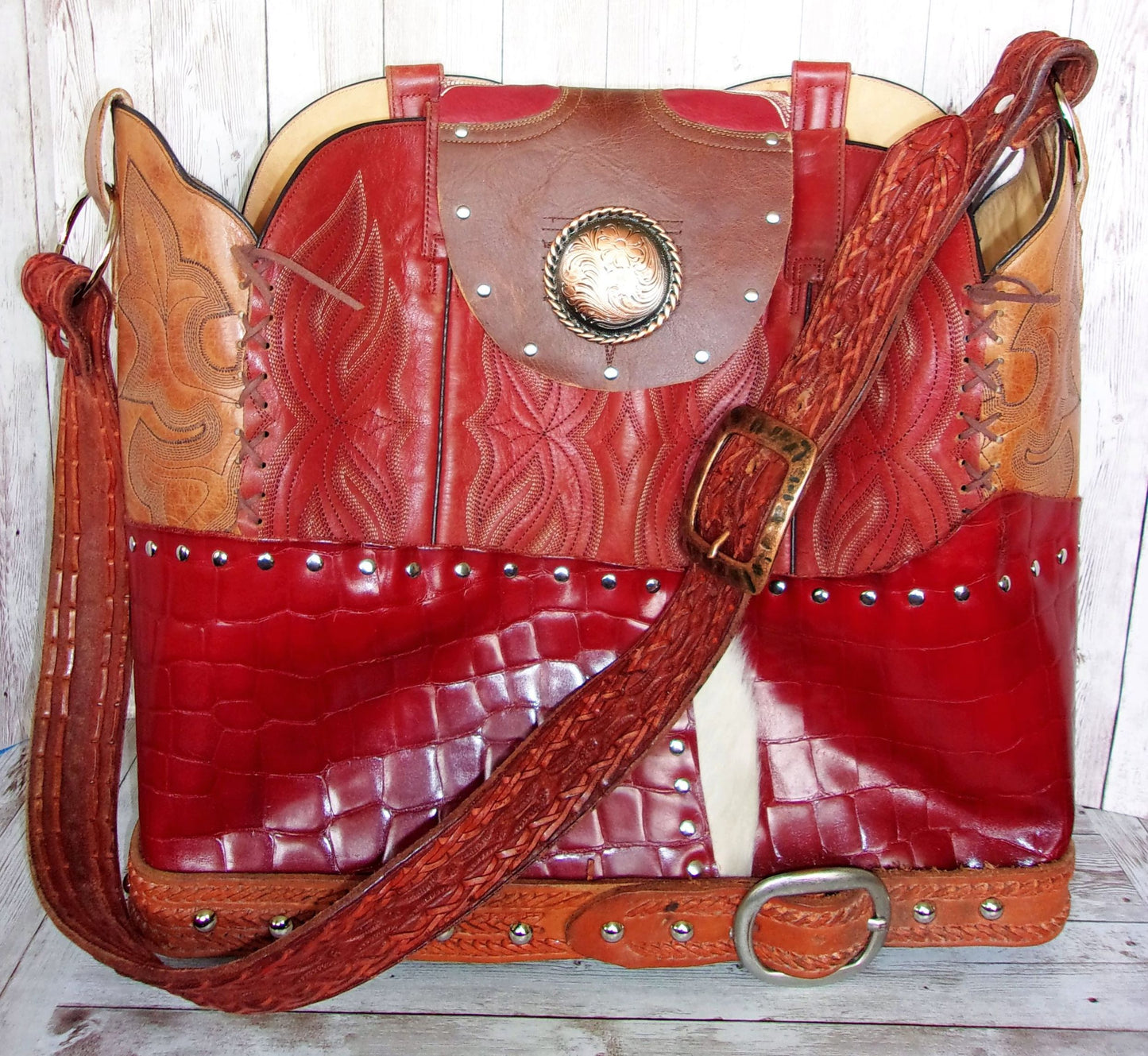 Cowboy Boot Laptop Tote LT32 handcrafted from cowboy boots. Shop Handbags at ChrisThompsonBags.com and buy the best boot purse, cowboy boot purse, cowgirl handbag, leather laptop tote, recycled cowboy boots, unique gift for her, unique gift for him, unique travel bag, western diaper bag, western laptop tote, western travel bag, XL cowboy Boot Purse, XL leather tote at Chris Thompson Bags.