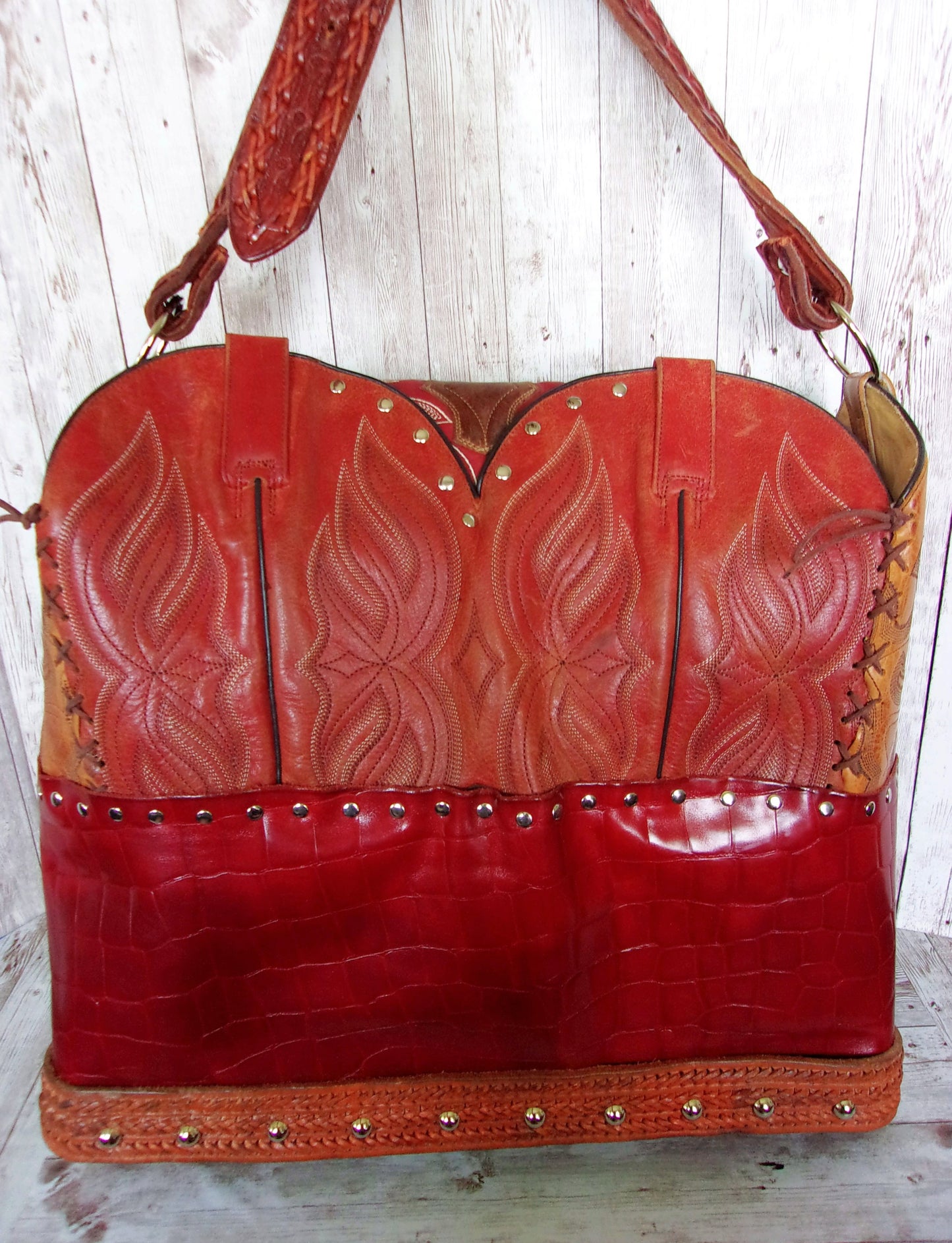 Cowboy Boot Laptop Tote LT32 handcrafted from cowboy boots. Shop Handbags at ChrisThompsonBags.com and buy the best boot purse, cowboy boot purse, cowgirl handbag, leather laptop tote, recycled cowboy boots, unique gift for her, unique gift for him, unique travel bag, western diaper bag, western laptop tote, western travel bag, XL cowboy Boot Purse, XL leather tote at Chris Thompson Bags.