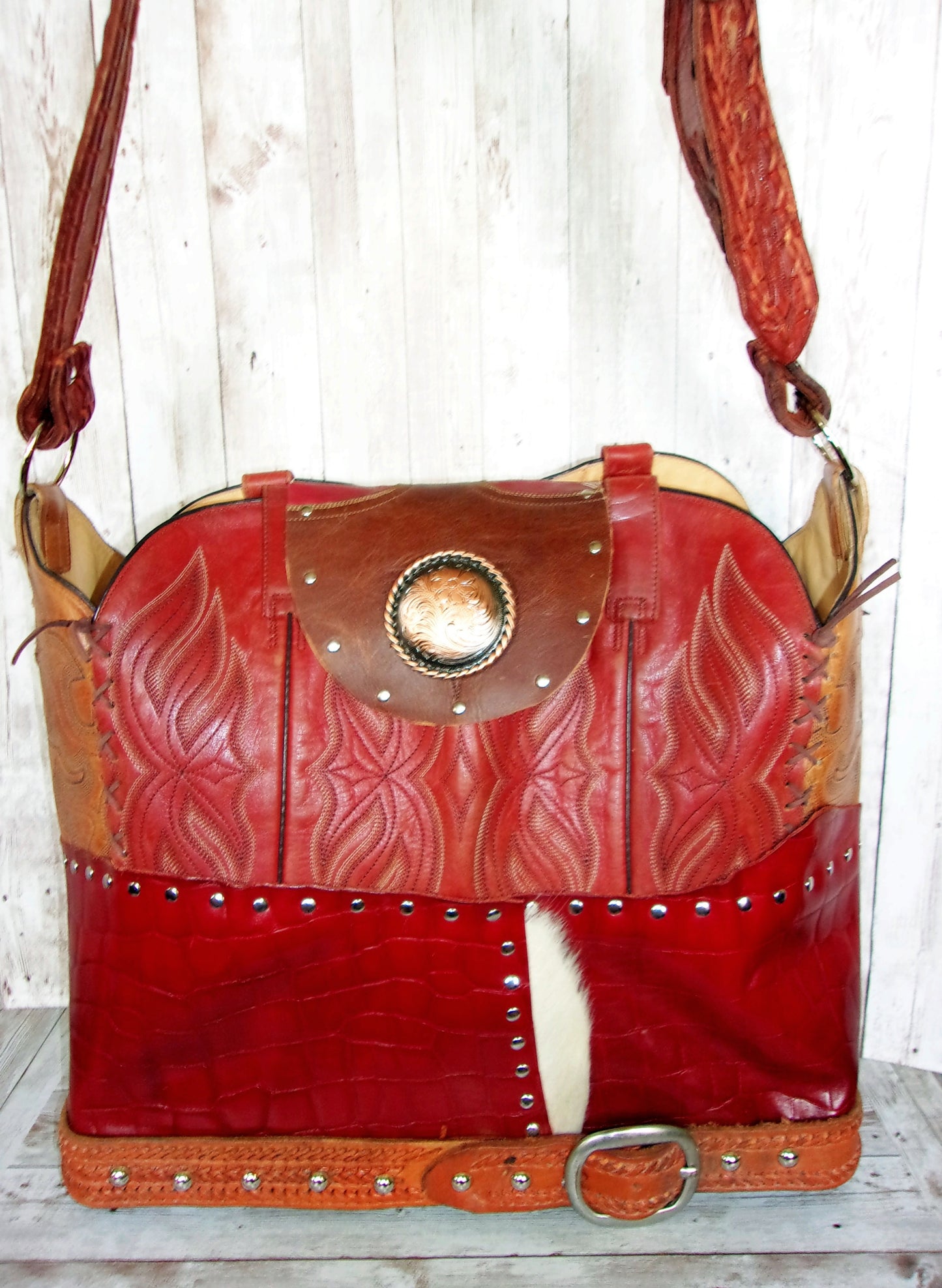 Cowboy Boot Laptop Tote LT32 handcrafted from cowboy boots. Shop Handbags at ChrisThompsonBags.com and buy the best boot purse, cowboy boot purse, cowgirl handbag, leather laptop tote, recycled cowboy boots, unique gift for her, unique gift for him, unique travel bag, western diaper bag, western laptop tote, western travel bag, XL cowboy Boot Purse, XL leather tote at Chris Thompson Bags.