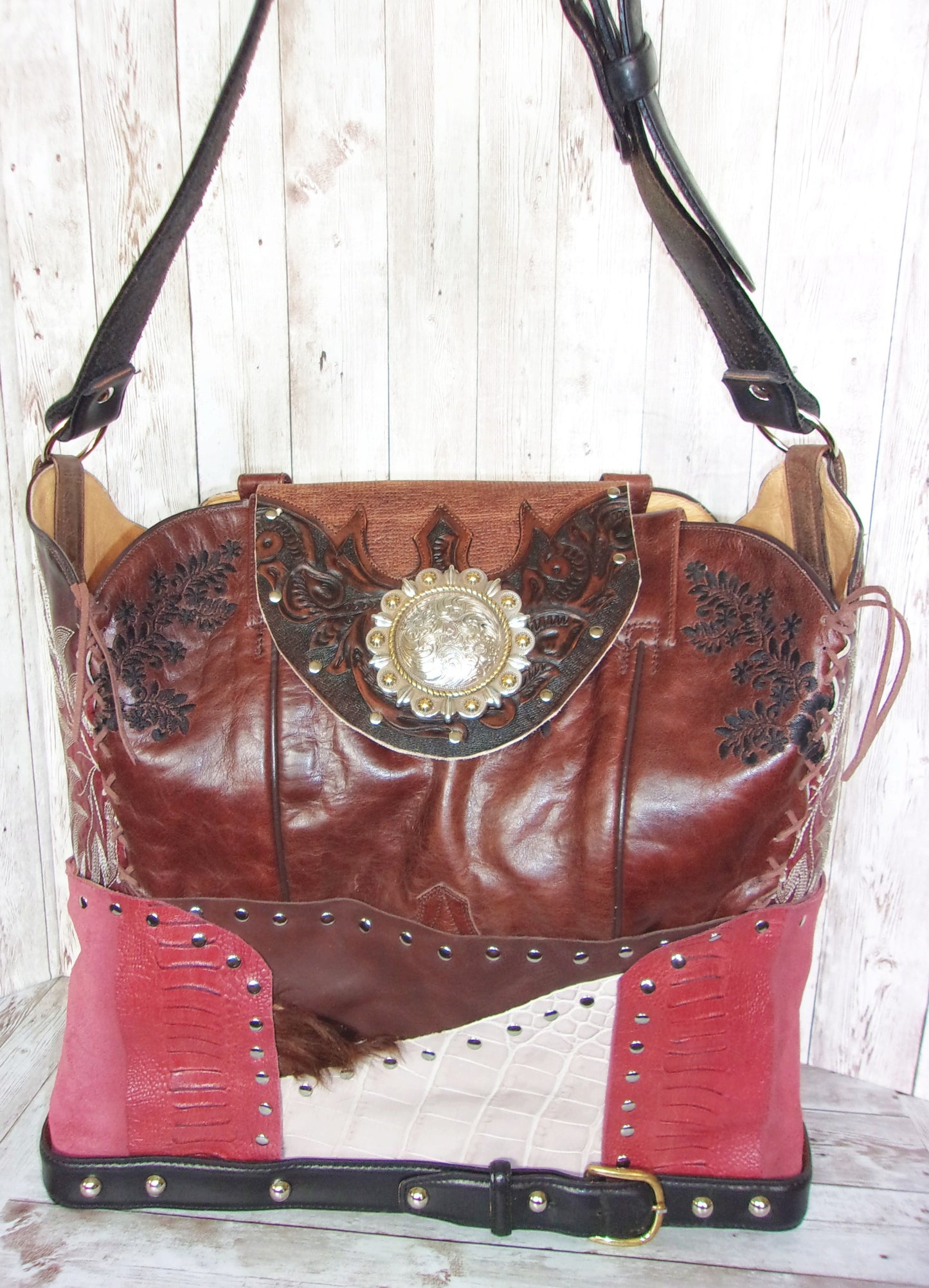 Cowboy Boot Laptop Tote LT35 handcrafted from cowboy boots. Shop Handbags at ChrisThompsonBags.com and buy the best boot purse, cowboy boot purse, cowgirl handbag, leather laptop tote, recycled cowboy boots, unique gift for her, unique gift for him, unique travel bag, western diaper bag, western laptop tote, western travel bag, XL cowboy Boot Purse, XL leather tote at Chris Thompson Bags.