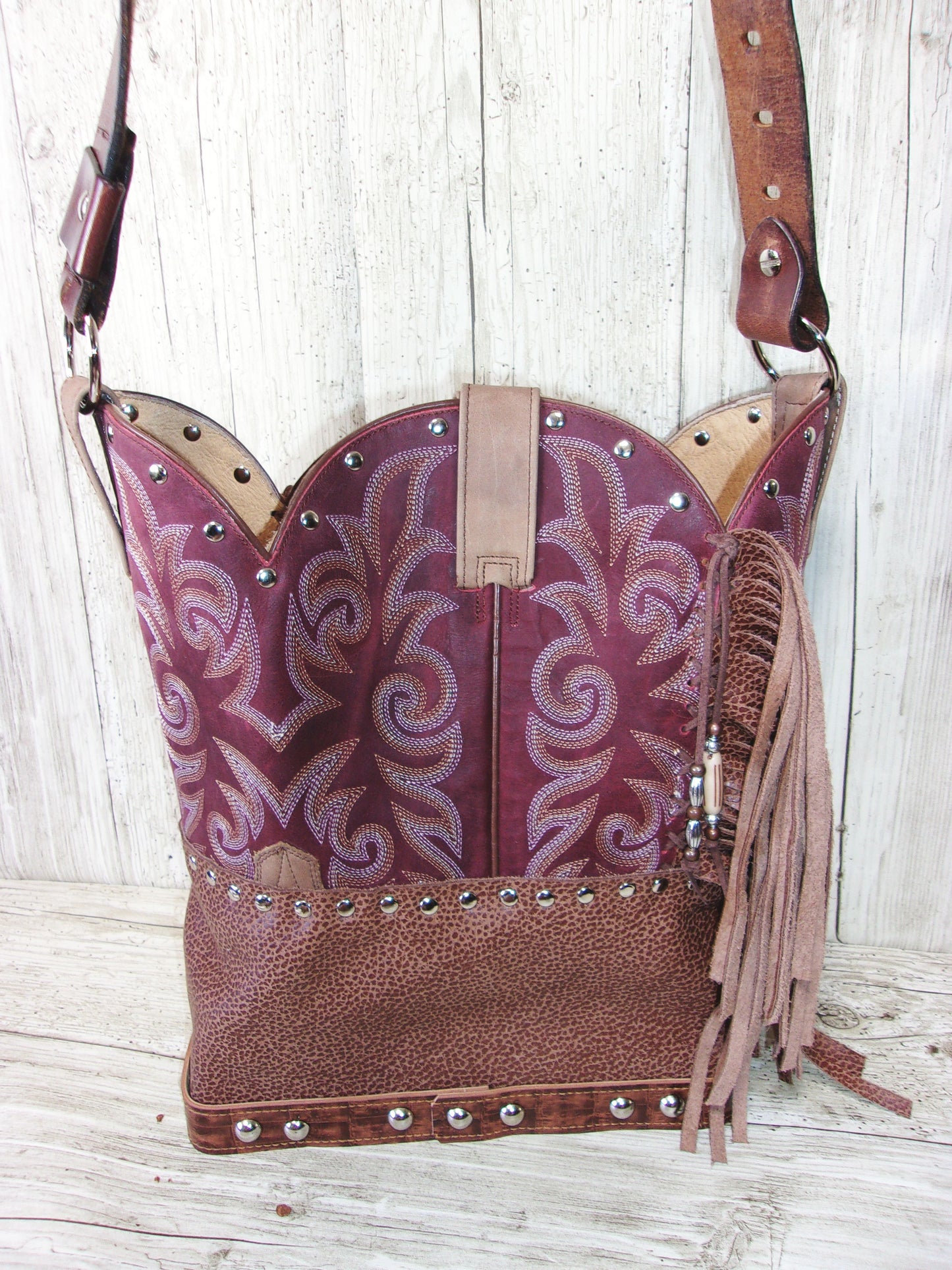 Top Shelf Cowboy Boot Purse with Fringe TS287 handcrafted from cowboy boots. Shop at ChrisThompsonBags.com and buy the best boot top purse, Country Chic, country fashion, country style, cowboy boot lover, cowboy boot purse, Cowgirl Chic, cowgirl style, luxury handbag, rodeo purse, western chic, western fashion, western style at Chris Thompson Bags.