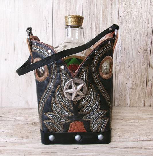 Cowboy boot-shaped bottle holder with star design on a wooden surface