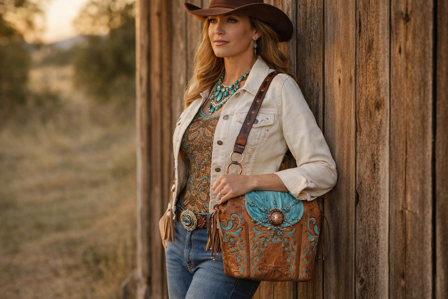 Woman in western attire holding a decorative handbag against a wooden wall.