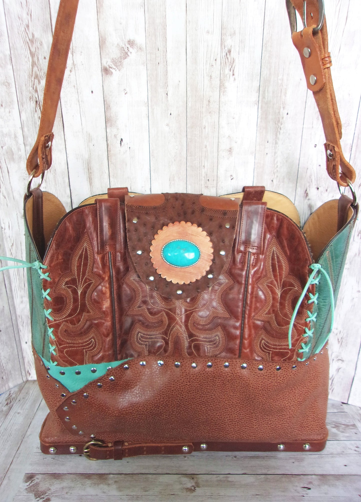 Cowboy Boot Laptop Tote LT39 handcrafted from cowboy boots. Shop Luggage & Bags at ChrisThompsonBags.com and buy the best boot purse, cowboy boot purse, cowgirl handbag, leather laptop tote, recycled cowboy boots, unique gift for her, unique gift for him, unique travel bag, western diaper bag, western laptop tote, western travel bag, XL cowboy Boot Purse, XL leather tote at Chris Thompson Bags.