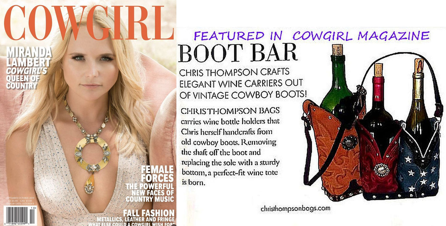 Cowboy Boot Whiskey Tote CR212 handcrafted from cowboy boots. Shop Barware at ChrisThompsonBags.com and buy the best country bridesmaid, country wedding gift, cowboy gift, cowgirl gift, cowgirl party bag, crown royal tote, groomsman gift, rodeo party, rustic liquor tote, western gift, western wedding gift, whiskey caddy, whiskey lover gift at Chris Thompson Bags.