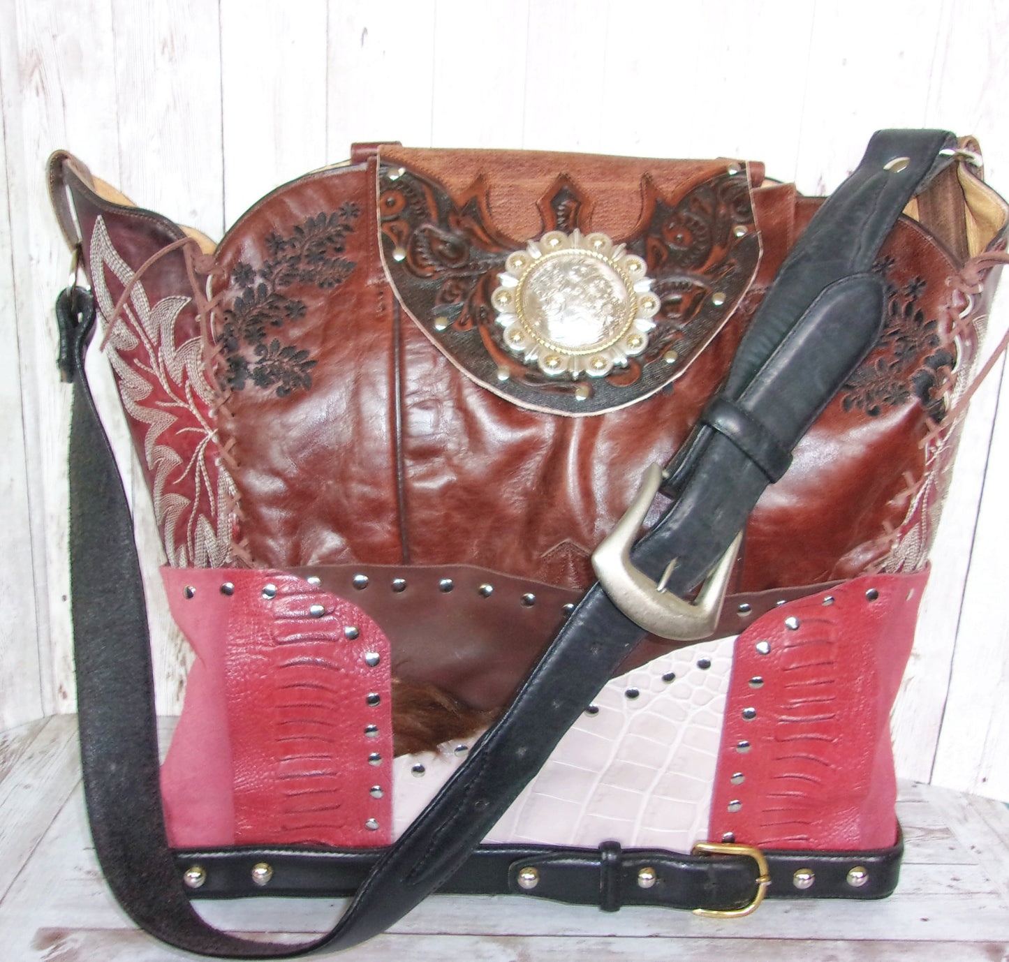 Cowboy Boot Laptop Tote LT35 handcrafted from cowboy boots. Shop Handbags at ChrisThompsonBags.com and buy the best boot purse, cowboy boot purse, cowgirl handbag, leather laptop tote, recycled cowboy boots, unique gift for her, unique gift for him, unique travel bag, western diaper bag, western laptop tote, western travel bag, XL cowboy Boot Purse, XL leather tote at Chris Thompson Bags.