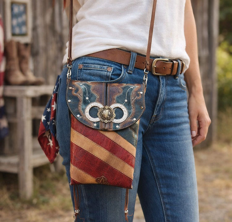 American leather bag on a woman