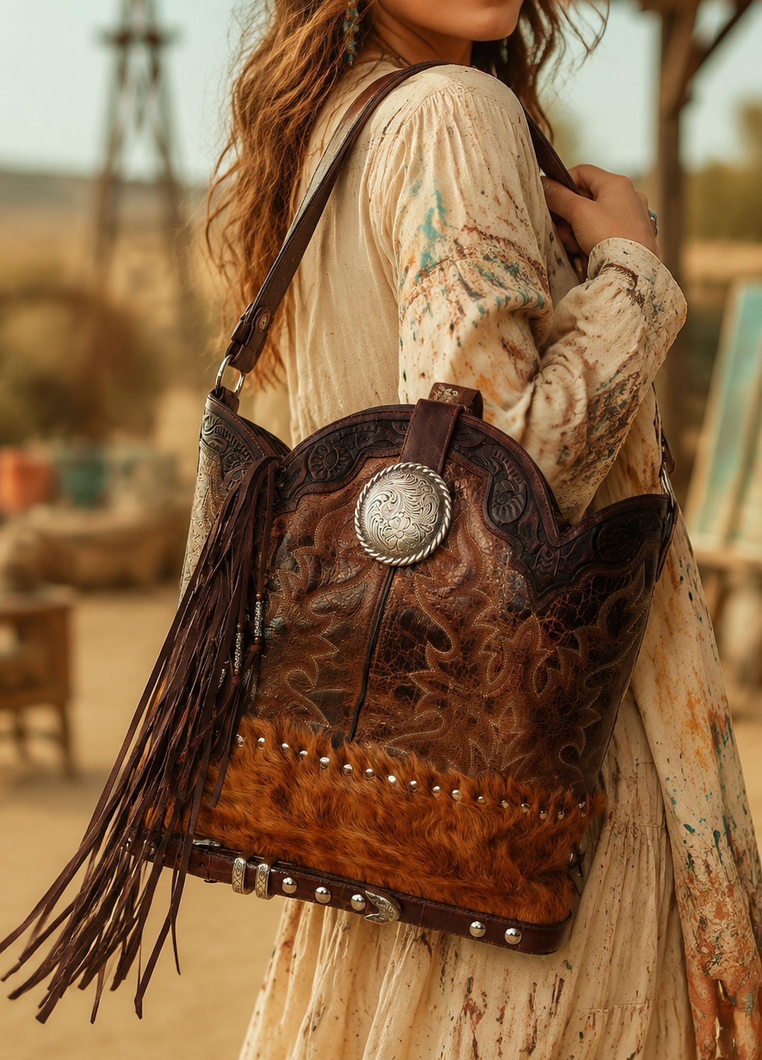 hair on hide bag carried by woman