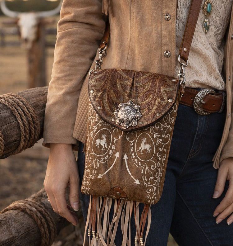 woman wearing a crossbody western bag on her hip