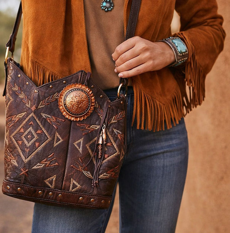 woman carrying a santa fe inspired leather purse