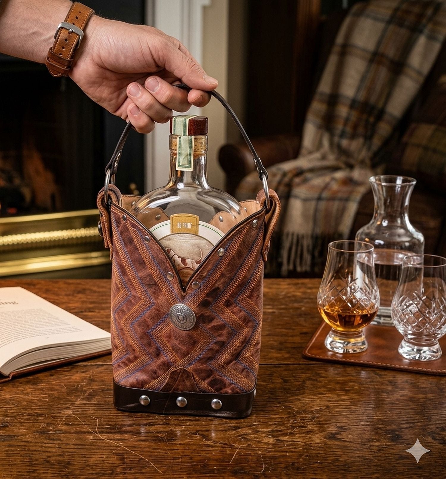 whiskey bottle tote from cowboy boots