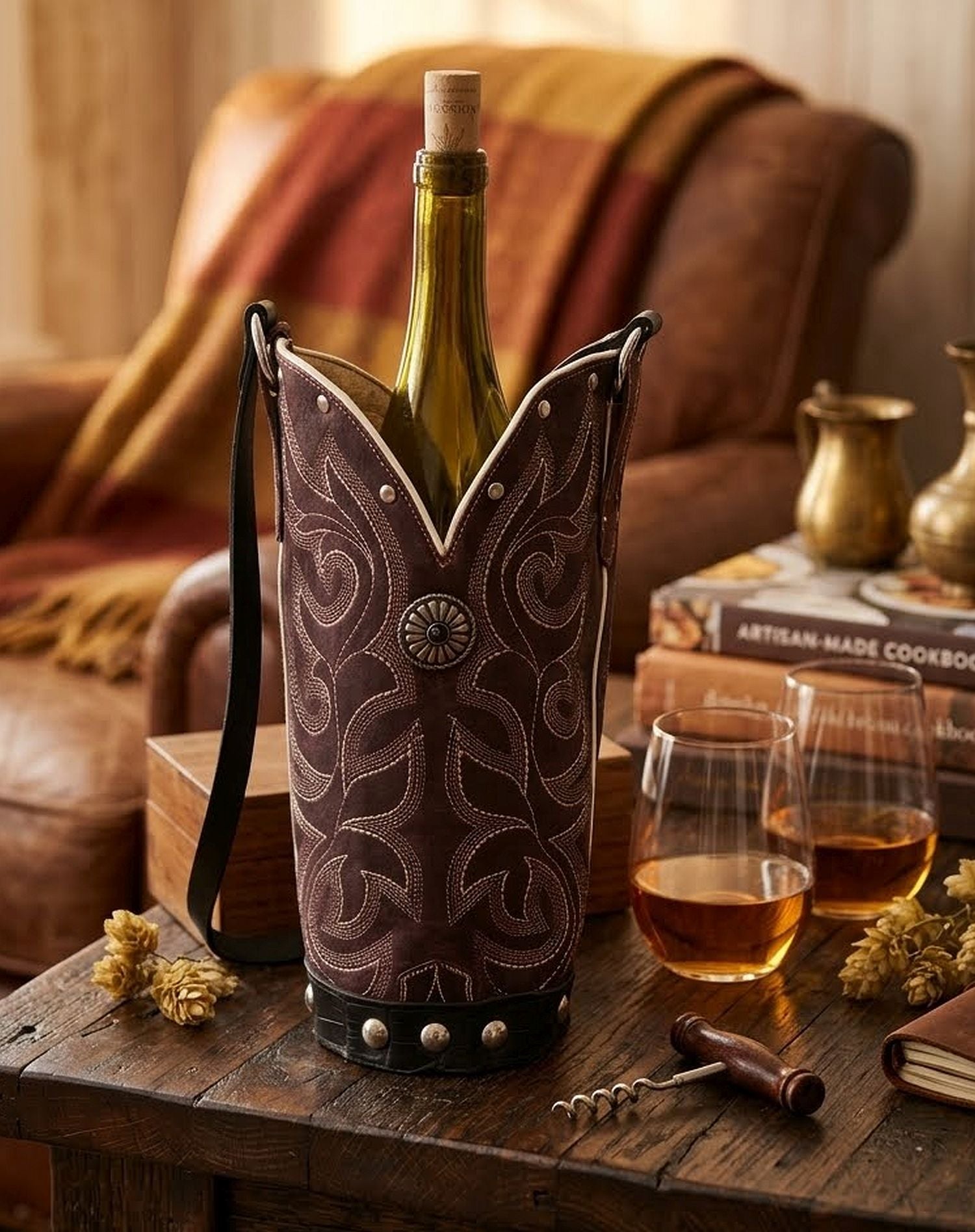 wine bottle tote made from cowboy boot