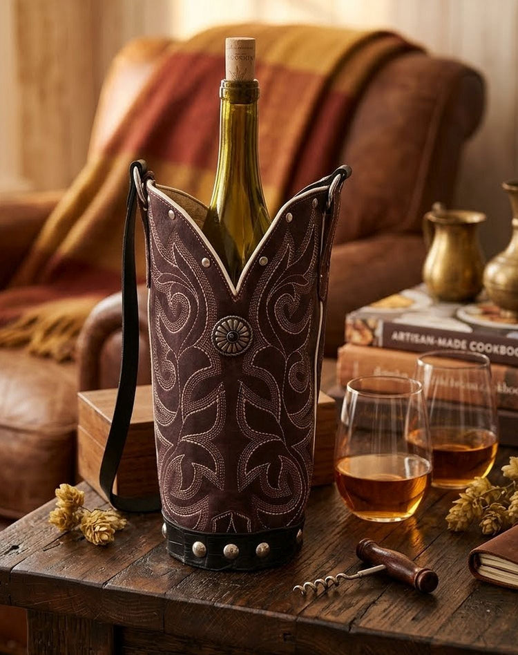 wine bottle tote made from cowboy boot
