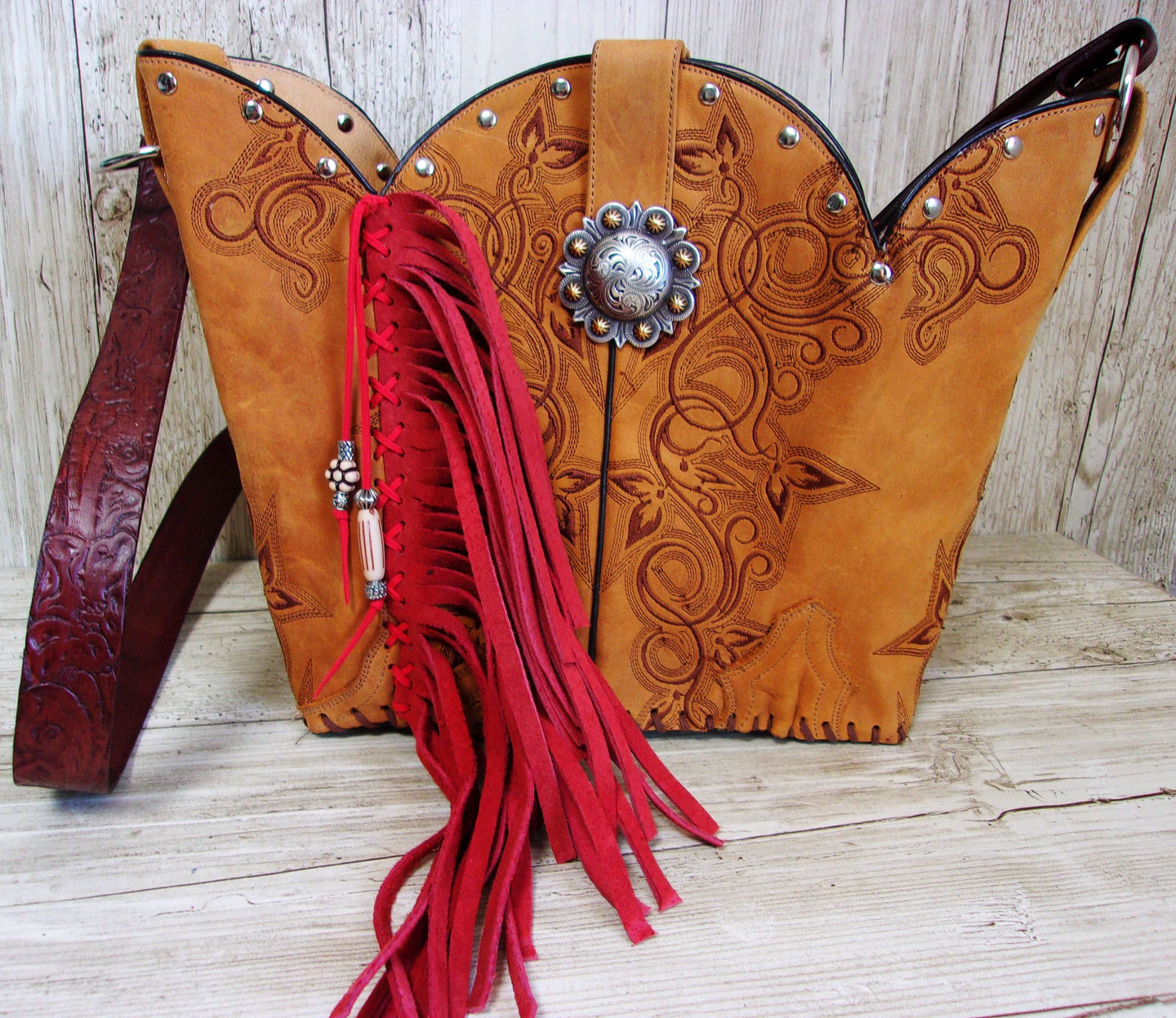 Bucket Bag Cowboy Boot Fringe Purse BK61 handcrafted from cowboy boots. Shop all unique leather western handbags, purses and totes at Chris Thompson Bags