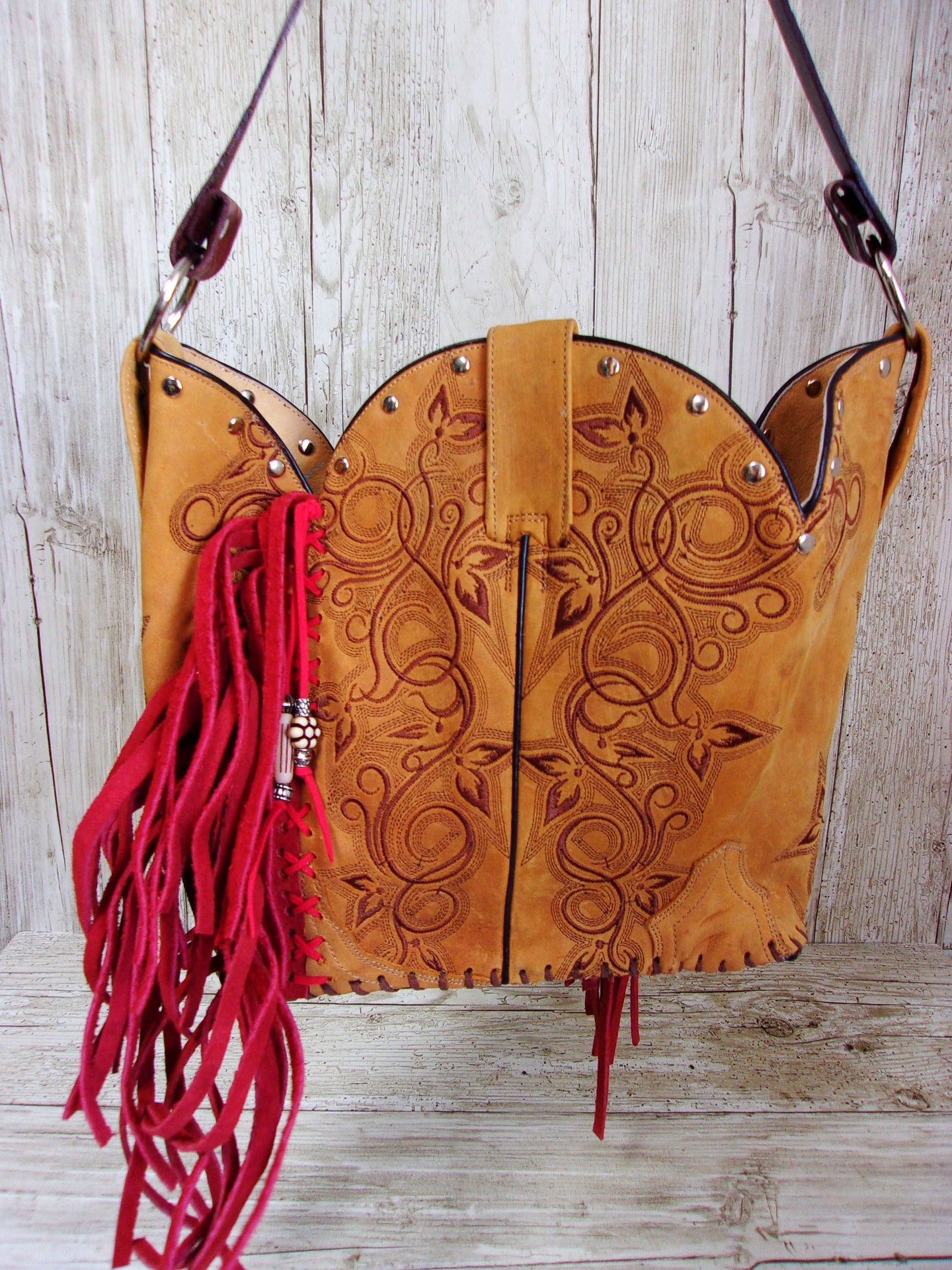 Bucket Bag Cowboy Boot Fringe Purse BK61 handcrafted from cowboy boots. Shop all unique leather western handbags, purses and totes at Chris Thompson Bags