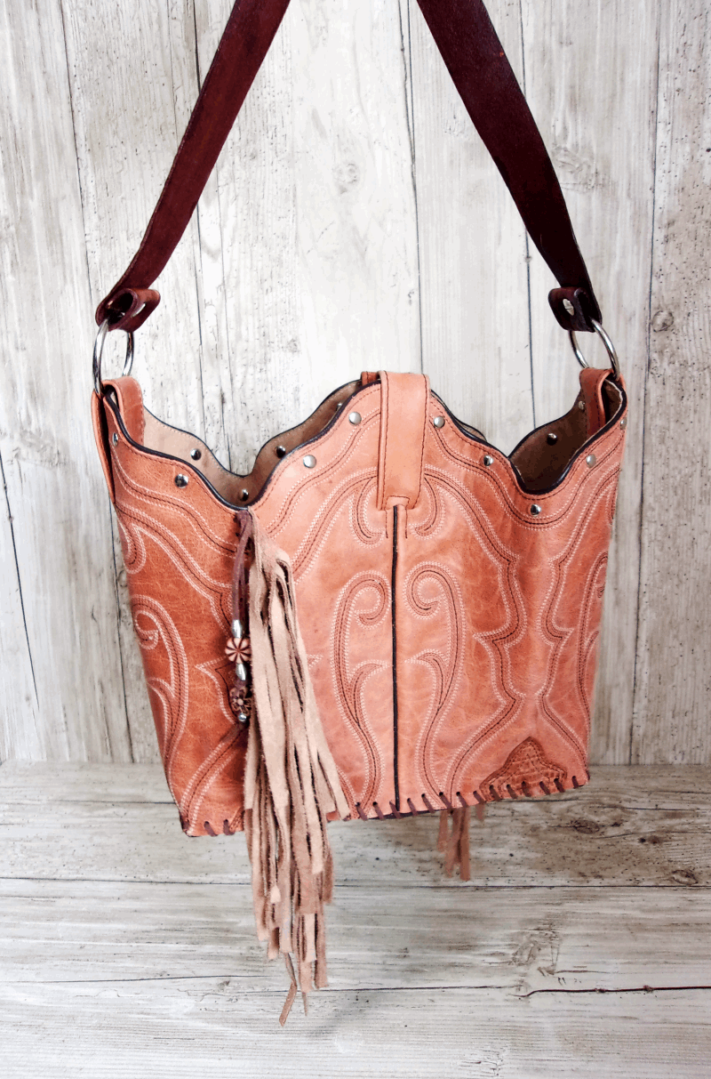 Bucket Bag Cowboy Boot Fringe Purse BK81 handcrafted from cowboy boots. Shop all unique leather western handbags, purses and totes at Chris Thompson Bags
