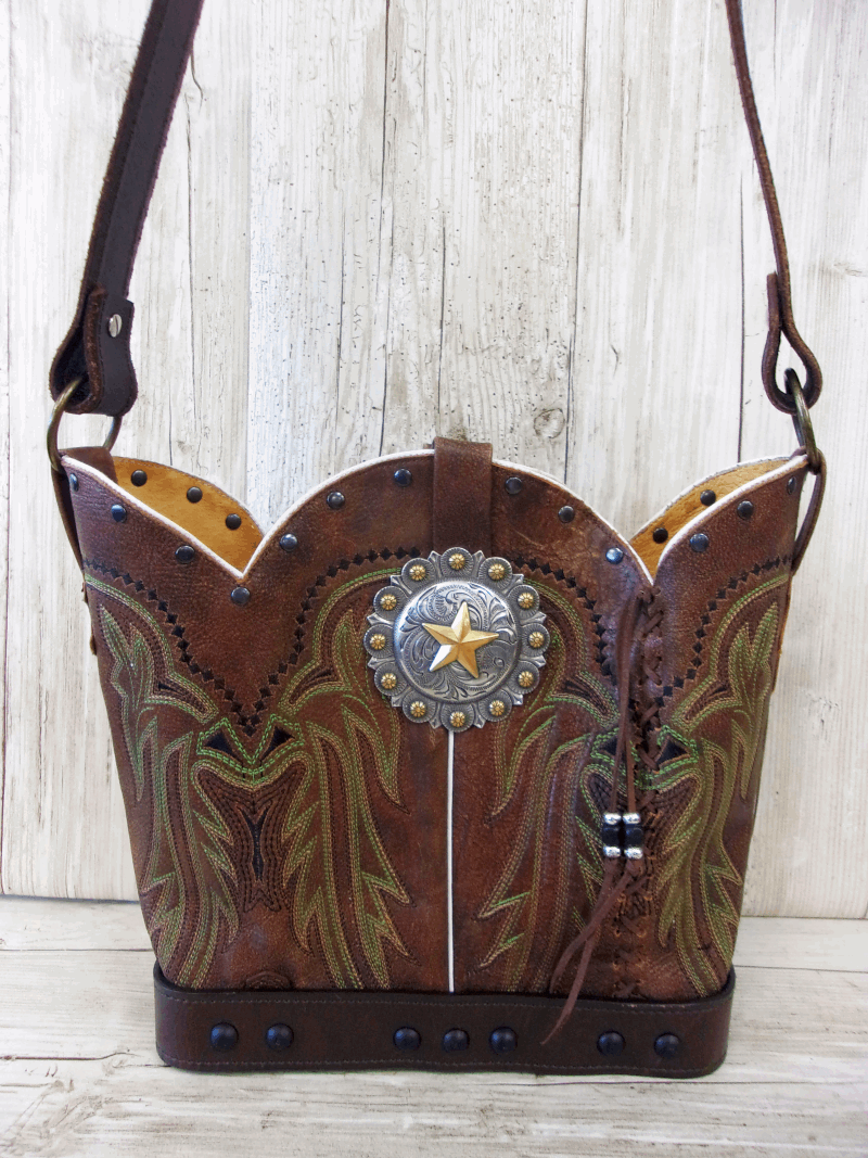 Bucket Bag Cowboy Boot Purse BK129 handcrafted from cowboy boots. Shop all unique leather western handbags, purses and totes at Chris Thompson Bags