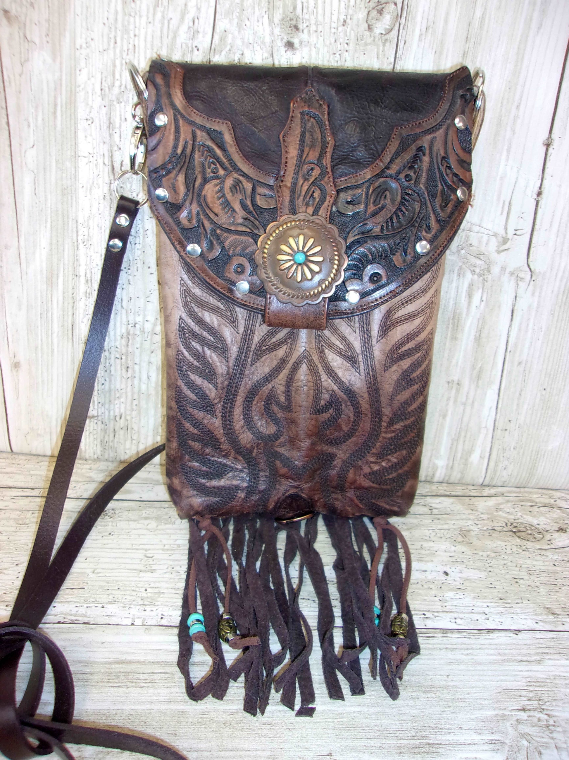 Cowboy Boot Crossbody Fringe Hipster Bag HP1019 handcrafted from cowboy boots. Shop all unique leather western handbags, purses and totes at Chris Thompson Bags