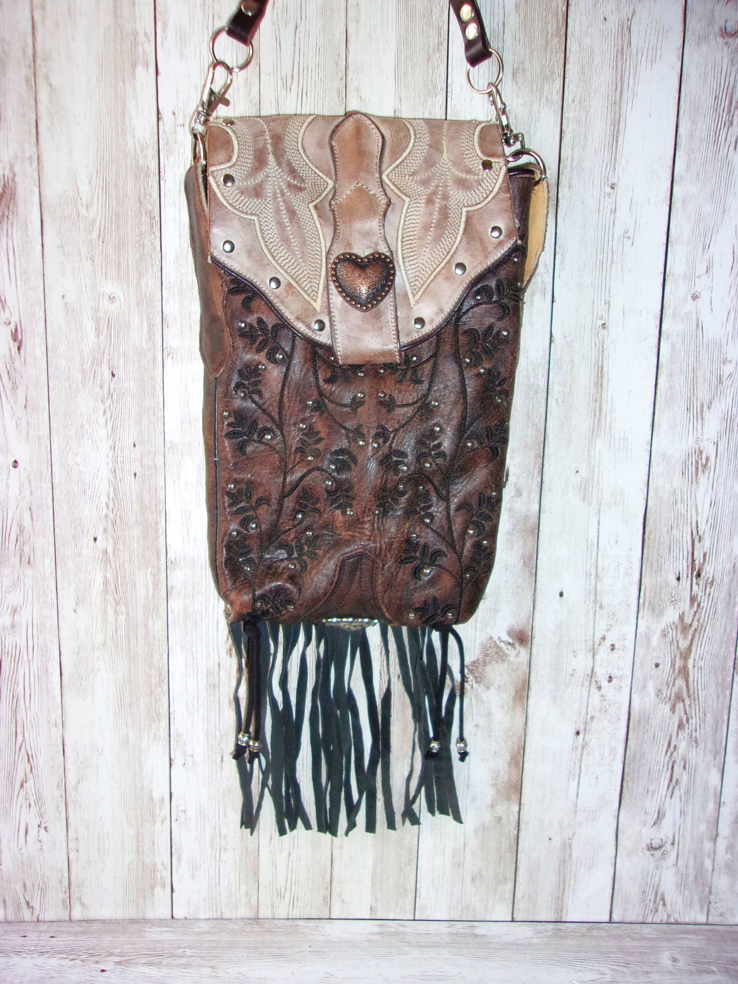 Cowboy Boot Crossbody Fringe Hipster Bag HP269 handcrafted from cowboy boots. Shop all unique leather western handbags, purses and totes at Chris Thompson Bags