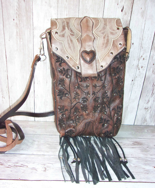 Cowboy Boot Crossbody Fringe Hipster Bag HP269 handcrafted from cowboy boots. Shop all unique leather western handbags, purses and totes at Chris Thompson Bags