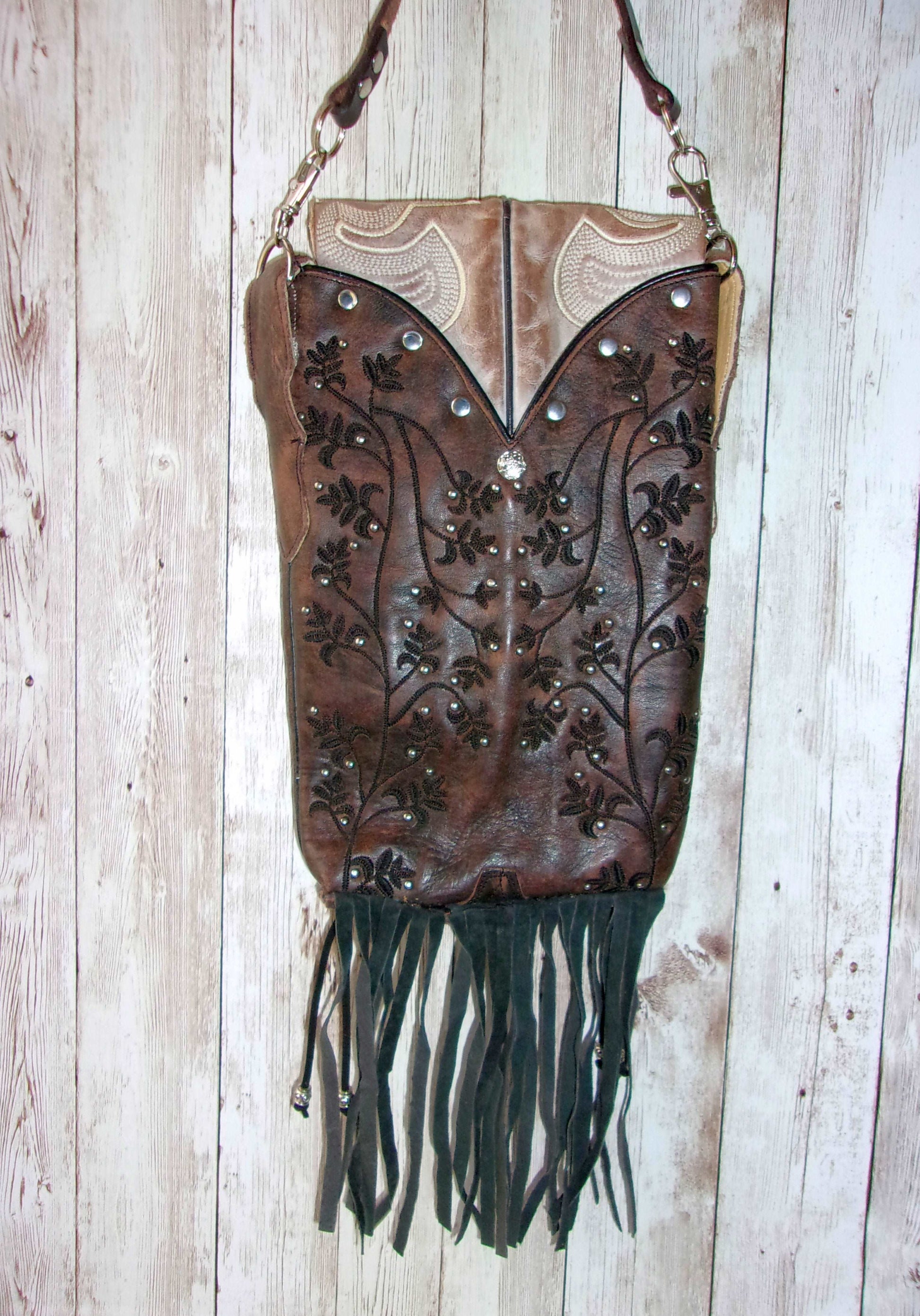 Cowboy Boot Crossbody Fringe Hipster Bag HP269 handcrafted from cowboy boots. Shop all unique leather western handbags, purses and totes at Chris Thompson Bags