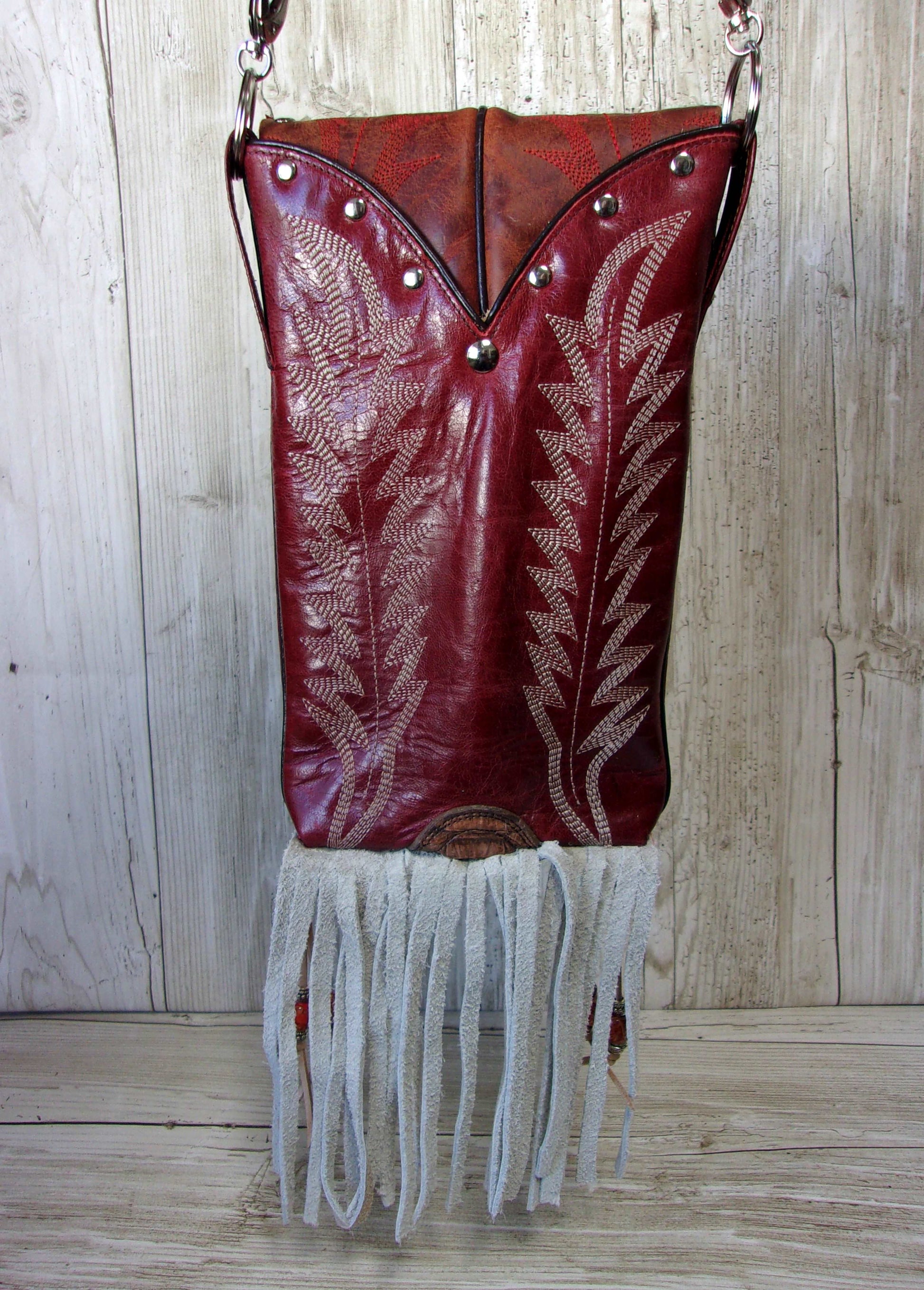 Cowboy Boot Crossbody Fringe Hipster Bag HP843 handcrafted from cowboy boots. Shop all unique leather western handbags, purses and totes at Chris Thompson Bags