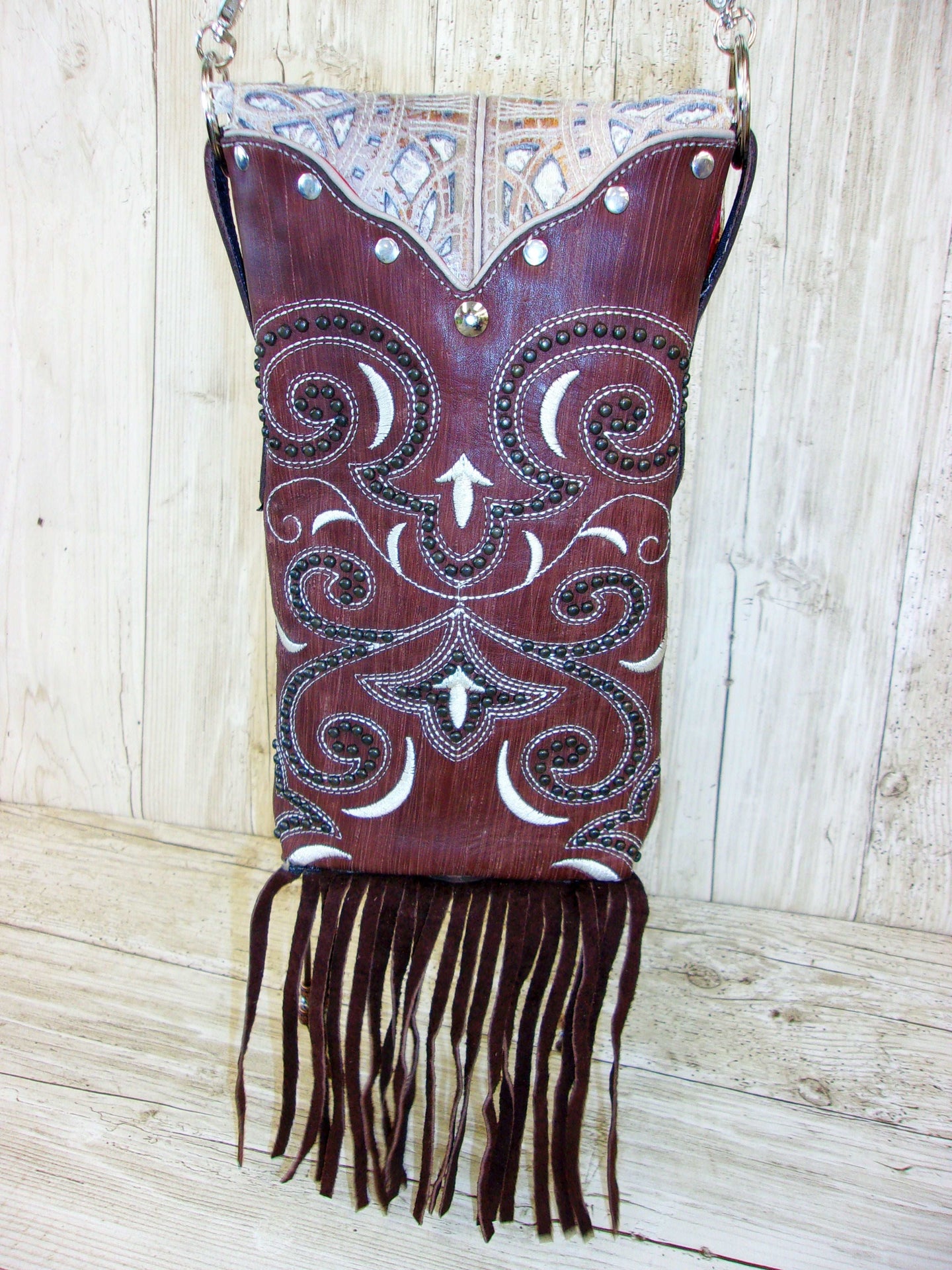 Cowboy Boot Crossbody Fringe Hipster Bag HP914 handcrafted from cowboy boots. Shop all unique leather western handbags, purses and totes at Chris Thompson Bags