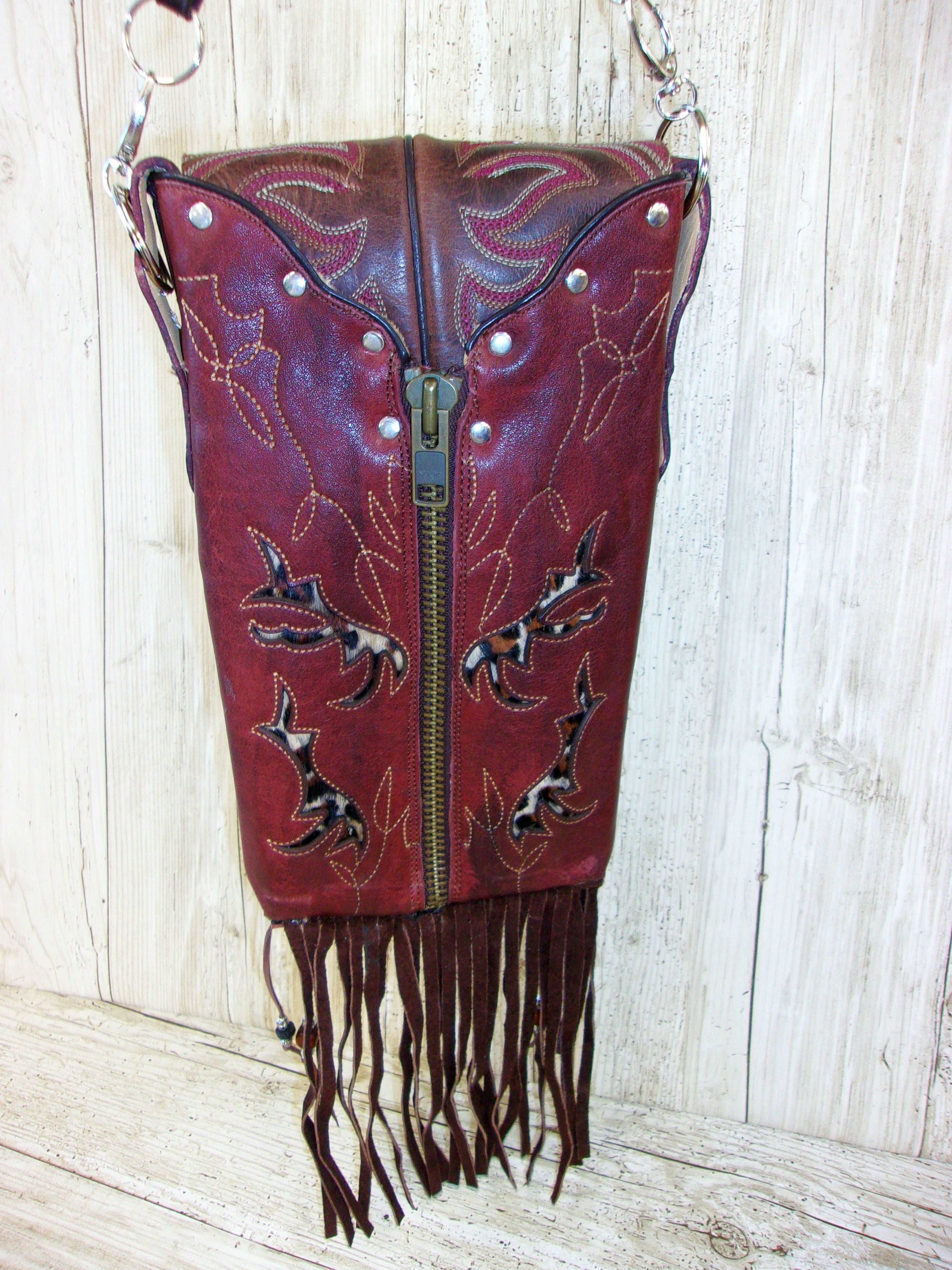 Cowboy Boot Crossbody Fringe Hipster Bag HP926 handcrafted from cowboy boots. Shop all unique leather western handbags, purses and totes at Chris Thompson Bags