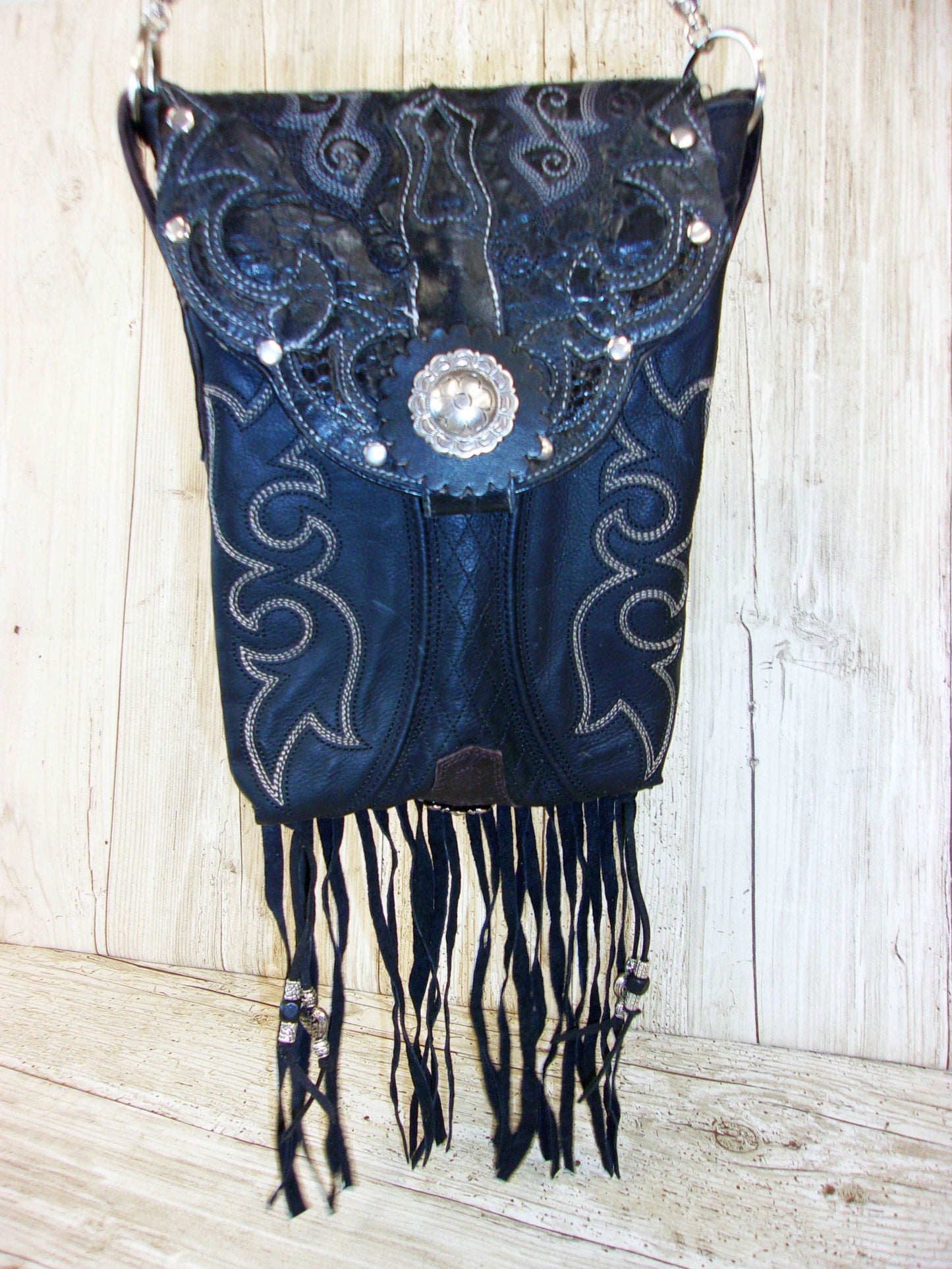 Cowboy Boot Crossbody Fringe Hipster Bag HP930 handcrafted from cowboy boots. Shop all unique leather western handbags, purses and totes at Chris Thompson Bags