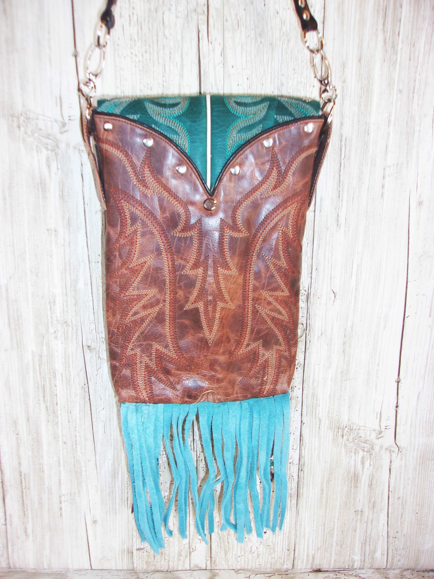 Cowboy Boot Crossbody Fringe Hipster Bag HP962 handcrafted from cowboy boots. Shop all unique leather western handbags, purses and totes at Chris Thompson Bags