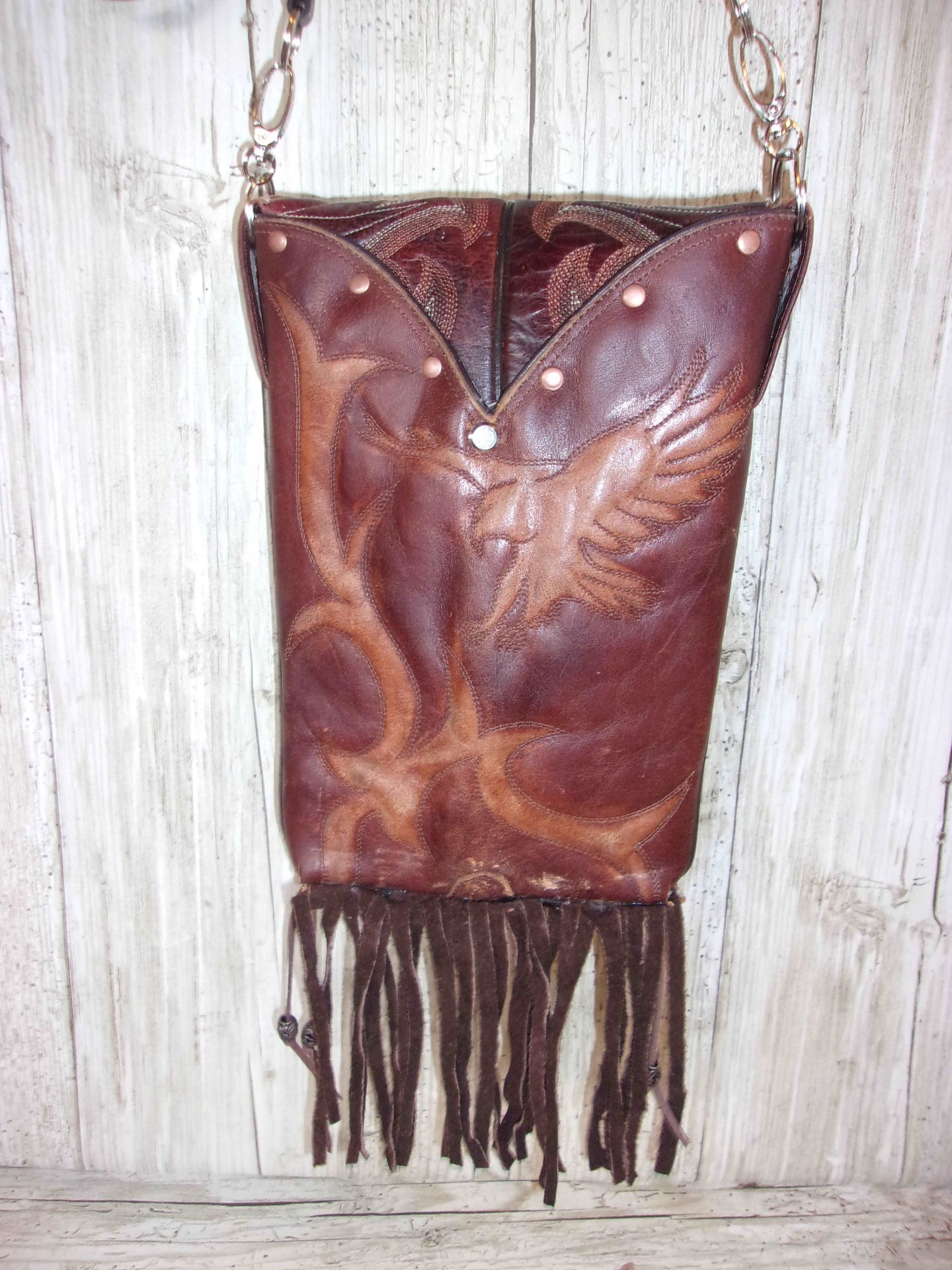 Cowboy Boot Crossbody Fringe Hipster Bag HP966 handcrafted from cowboy boots. Shop all unique leather western handbags, purses and totes at Chris Thompson Bags