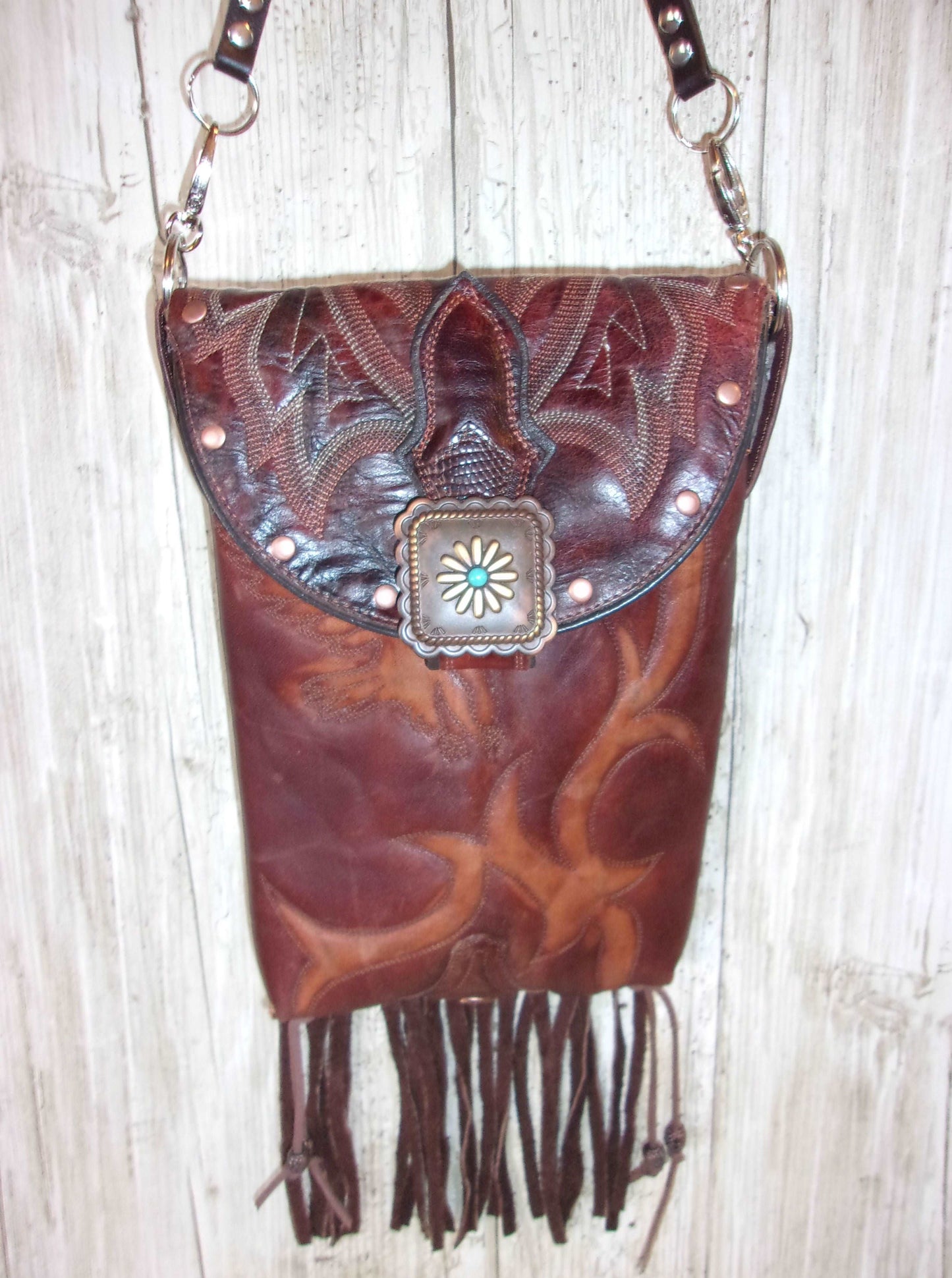 Cowboy Boot Crossbody Fringe Hipster Bag HP966 handcrafted from cowboy boots. Shop all unique leather western handbags, purses and totes at Chris Thompson Bags