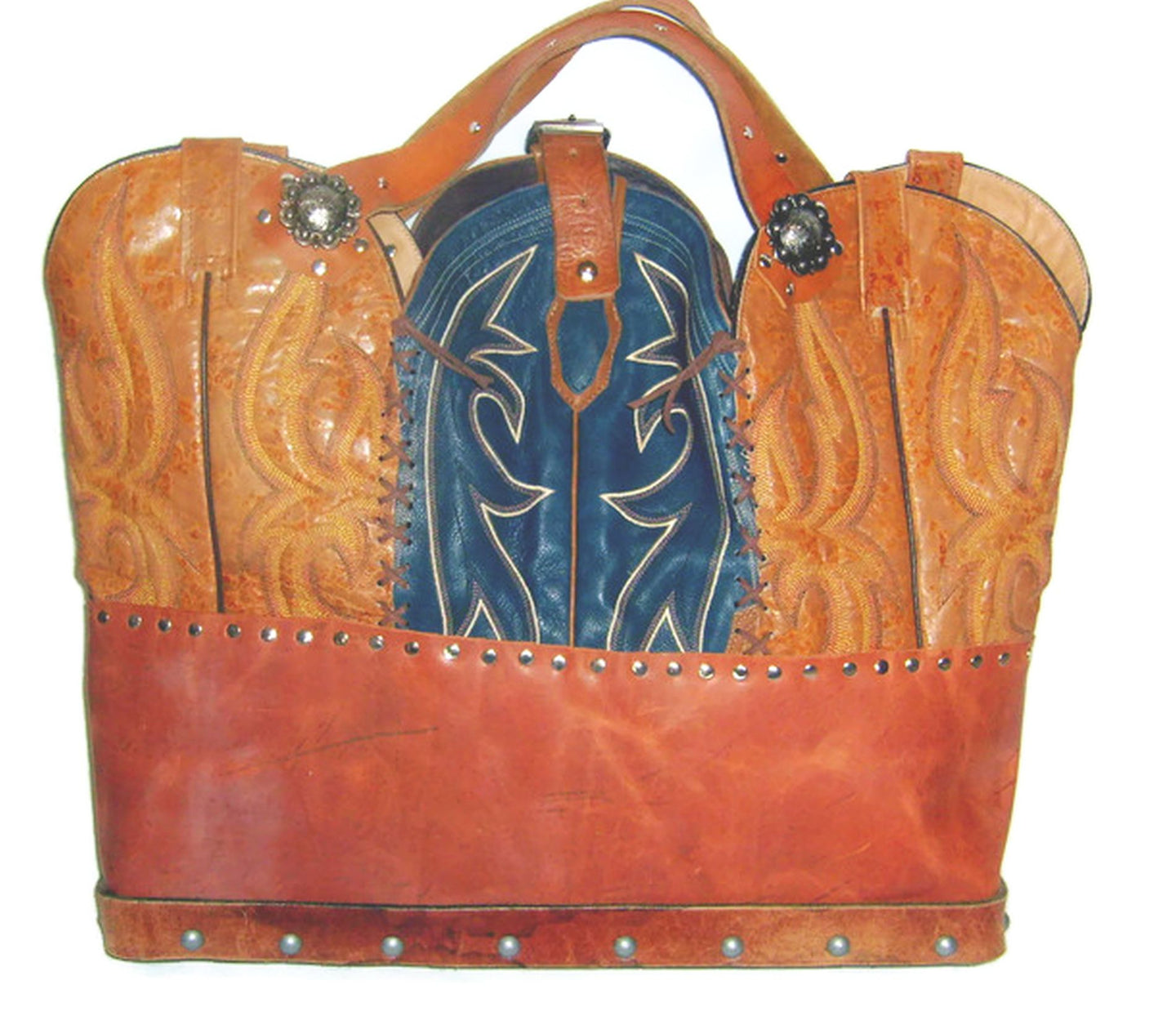 Cowboy Boot Laptop Tote LT15 handcrafted from cowboy boots. Shop Handbags at ChrisThompsonBags.com and buy the best boot purse, cowboy boot purse, cowgirl handbag, leather laptop tote, recycled cowboy boots, unique gift for her, unique gift for him, unique travel bag, western diaper bag, western laptop tote, western travel bag, XL cowboy Boot Purse, XL leather tote at Chris Thompson Bags.