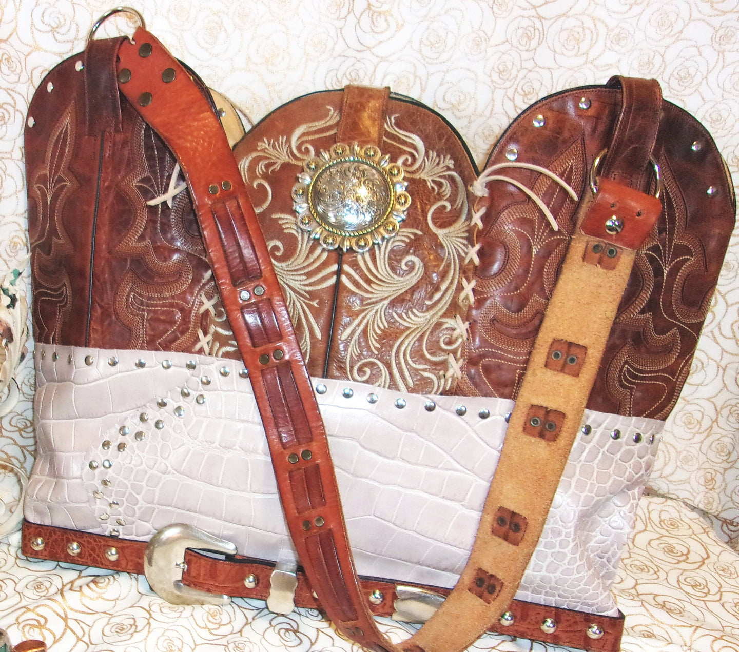 Cowboy Boot Laptop Tote LT25 handcrafted from cowboy boots. Shop Handbags at ChrisThompsonBags.com and buy the best boot purse, cowboy boot purse, cowgirl handbag, leather laptop tote, recycled cowboy boots, unique gift for her, unique gift for him, unique travel bag, western diaper bag, western laptop tote, western travel bag, XL cowboy Boot Purse, XL leather tote at Chris Thompson Bags.