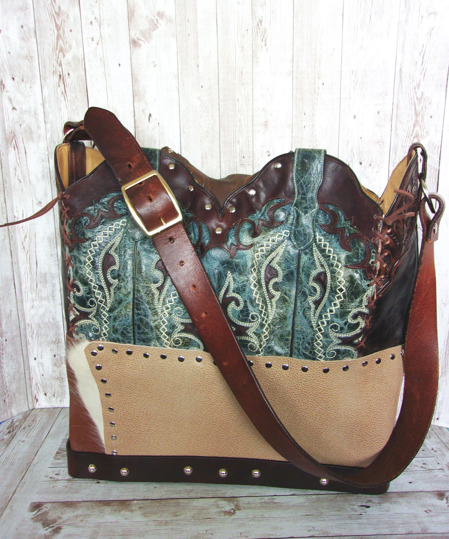 Cowboy Boot Laptop Tote LT44 handcrafted from cowboy boots. Shop Luggage & Bags at ChrisThompsonBags.com and buy the best boot purse, cowboy boot purse, cowgirl handbag, leather laptop tote, recycled cowboy boots, unique gift for her, unique gift for him, unique travel bag, western diaper bag, western laptop tote, western travel bag, XL cowboy Boot Purse, XL leather tote at Chris Thompson Bags.