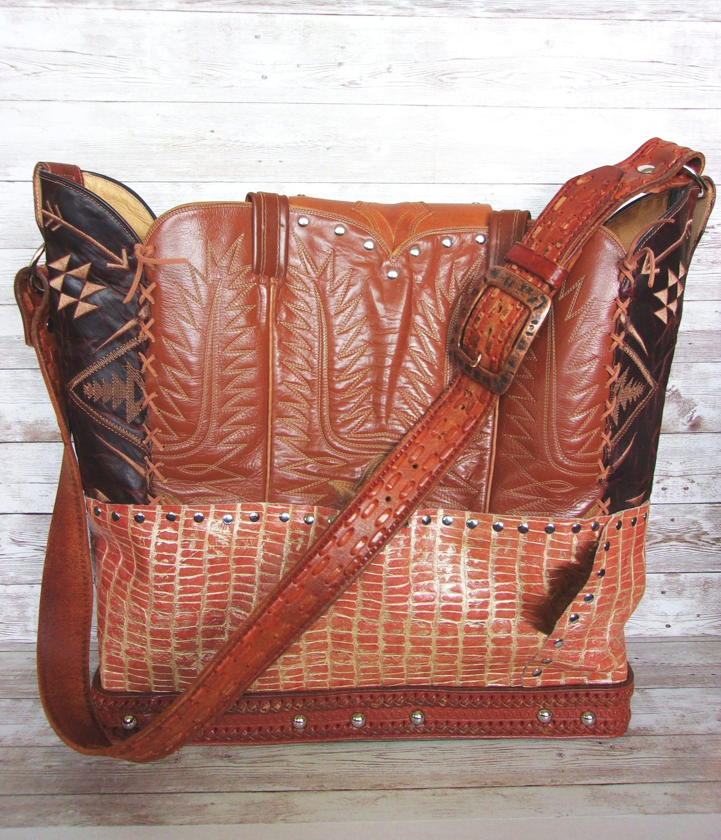 Cowboy Boot Laptop Tote LT48 handcrafted from cowboy boots. Shop Luggage & Bags at ChrisThompsonBags.com and buy the best boot purse, cowboy boot purse, cowgirl handbag, leather laptop tote, recycled cowboy boots, unique gift for her, unique gift for him, unique travel bag, western diaper bag, western laptop tote, western travel bag, XL cowboy Boot Purse, XL leather tote at Chris Thompson Bags.