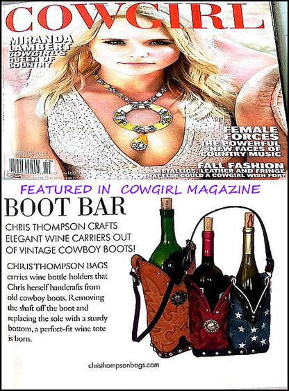 Cowboy Boot Wine Tote wt539 handcrafted from cowboy boots. Shop all unique leather western handbags, purses and totes at Chris Thompson Bags