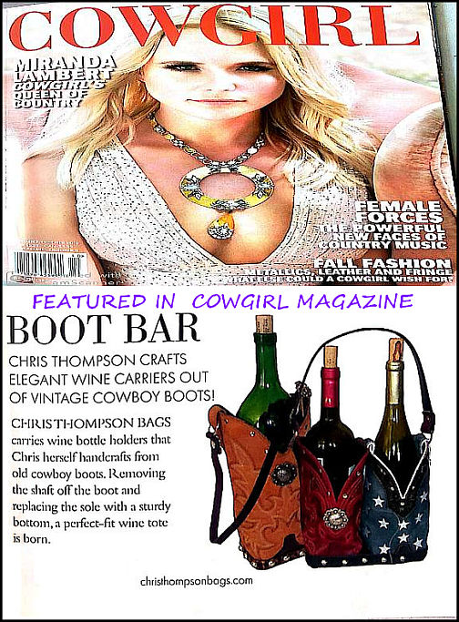 Cowboy Boot Wine Tote wt539 handcrafted from cowboy boots. Shop Wine Carrier Bags at ChrisThompsonBags.com and buy the best country bridesmaid, country centerpiece, country wedding, cowboy gift, cowgirl centerpiece, cowgirl gift, cowgirl wine bag, rodeo party bag, rustic wine carrier, unique western gift, western wine tote, wine lovers gift at Chris Thompson Bags.