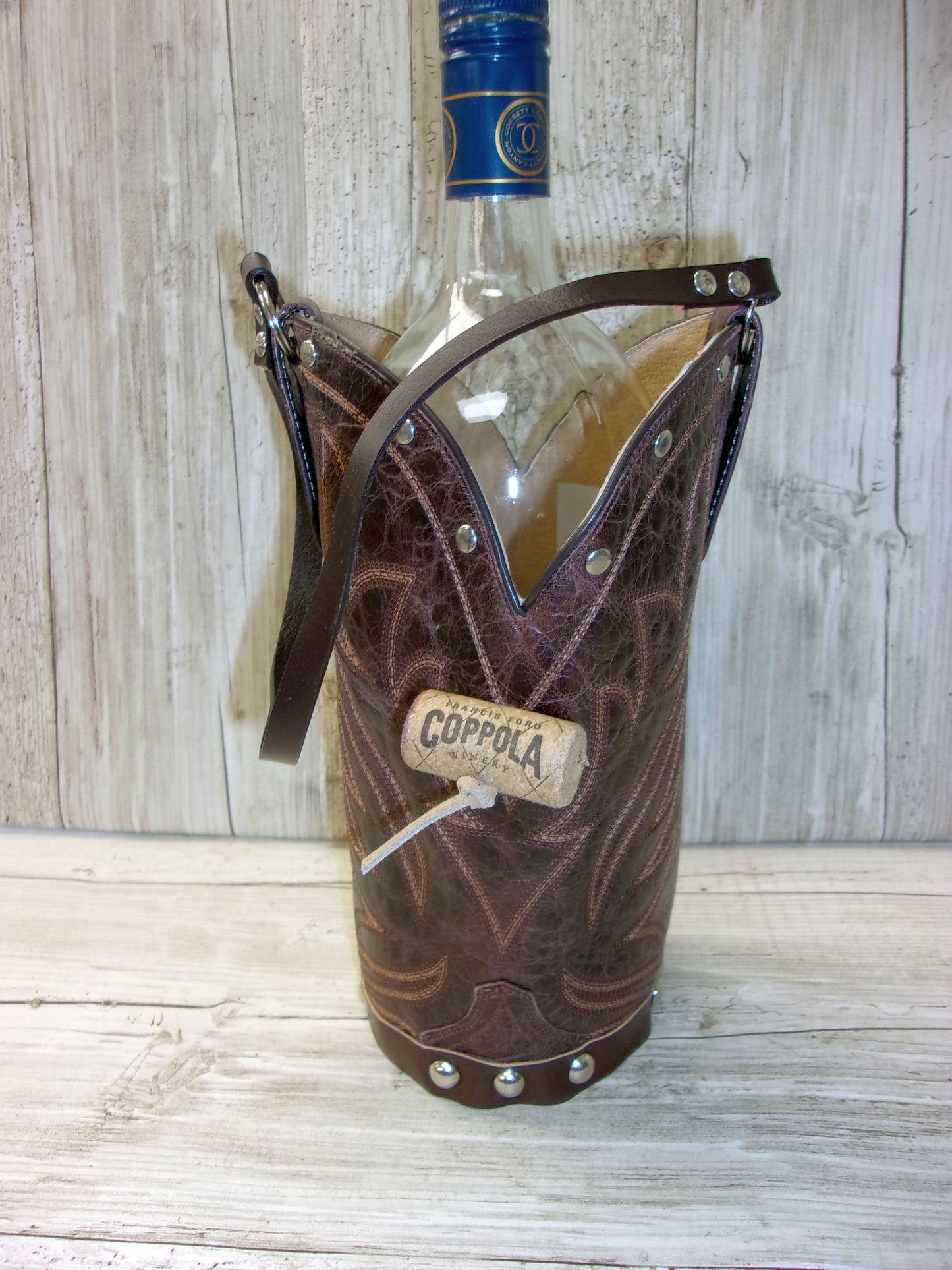 Cowboy Boot Wine Tote wt768 handcrafted from cowboy boots. Shop all unique leather western handbags, purses and totes at Chris Thompson Bags