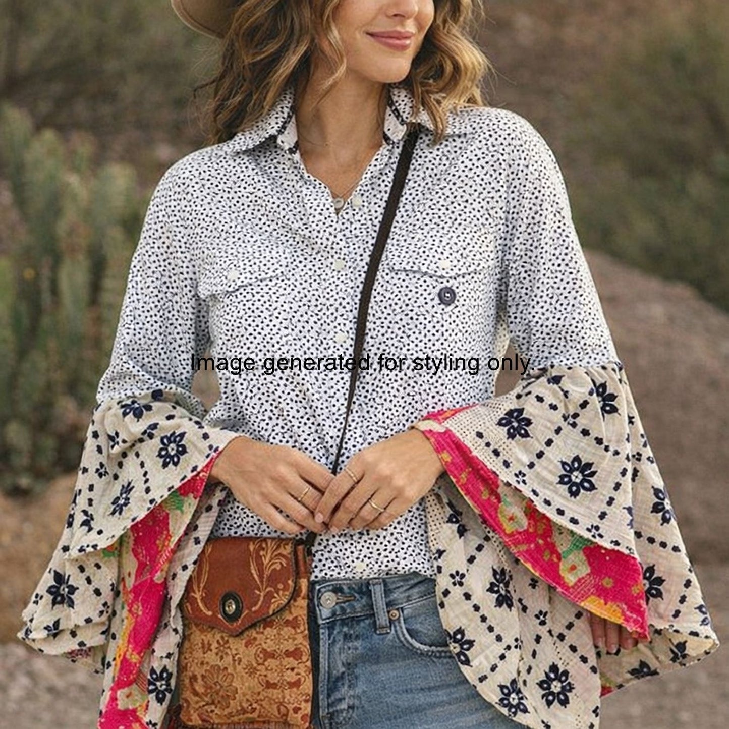 Woman wearing a patterned shirt with colorful sleeves in a desert setting