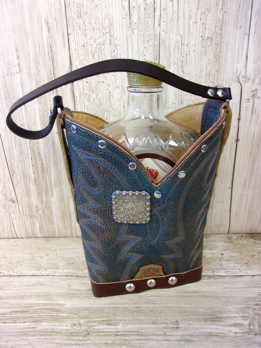 Cowboy Boot Whiskey Tote CR164 handcrafted from cowboy boots. Shop Barware at ChrisThompsonBags.com and buy the best country bridesmaid, country wedding gift, cowboy gift, cowgirl gift, cowgirl party bag, crown royal tote, groomsman gift, rodeo party, rustic liquor tote, western gift, western wedding gift, whiskey caddy, whiskey lover gift at Chris Thompson Bags.