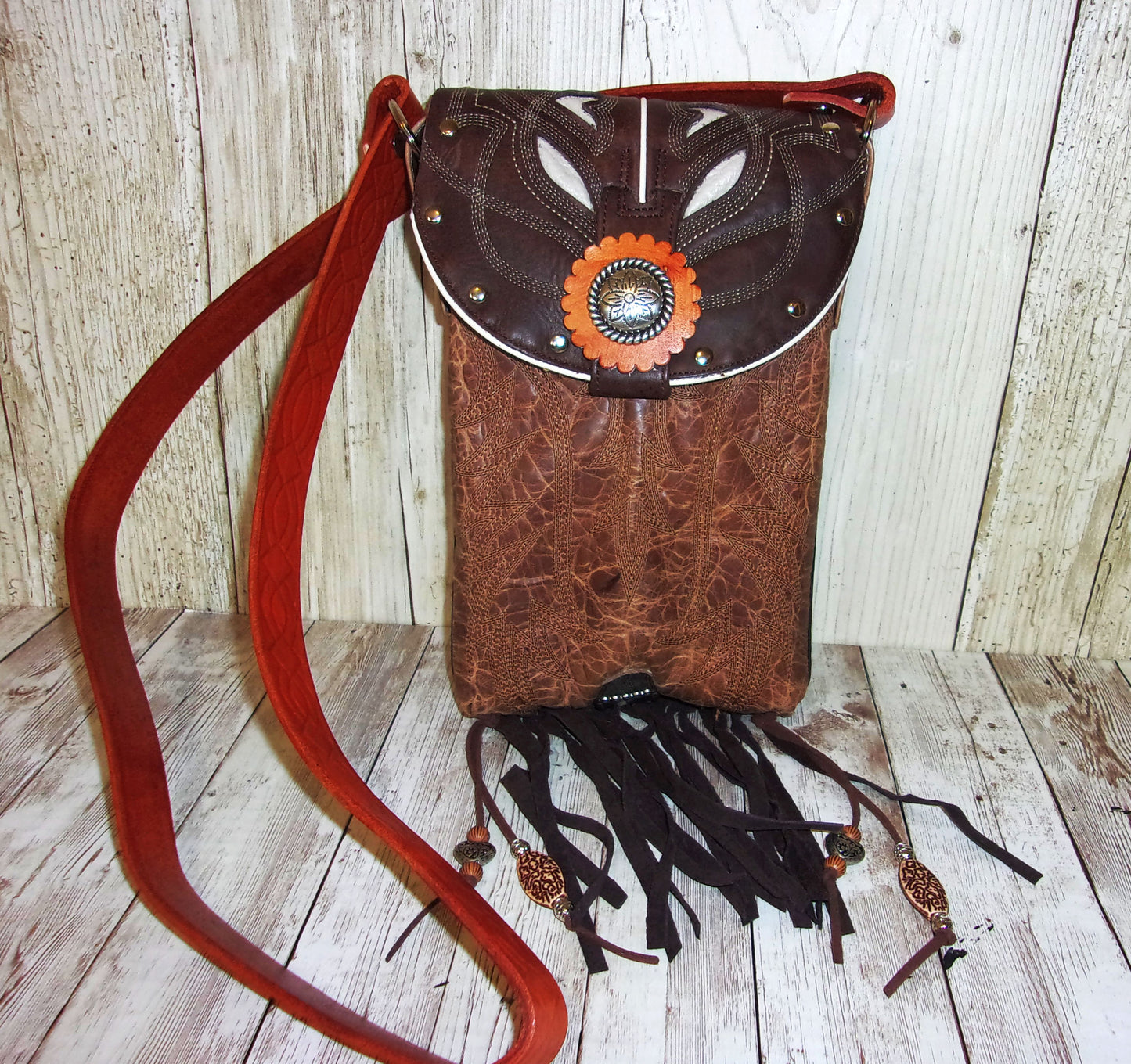 Small Concealed Carry Purse with Fringe CB113 handcrafted from cowboy boots. Shop all unique leather western handbags, purses and totes at Chris Thompson Bags