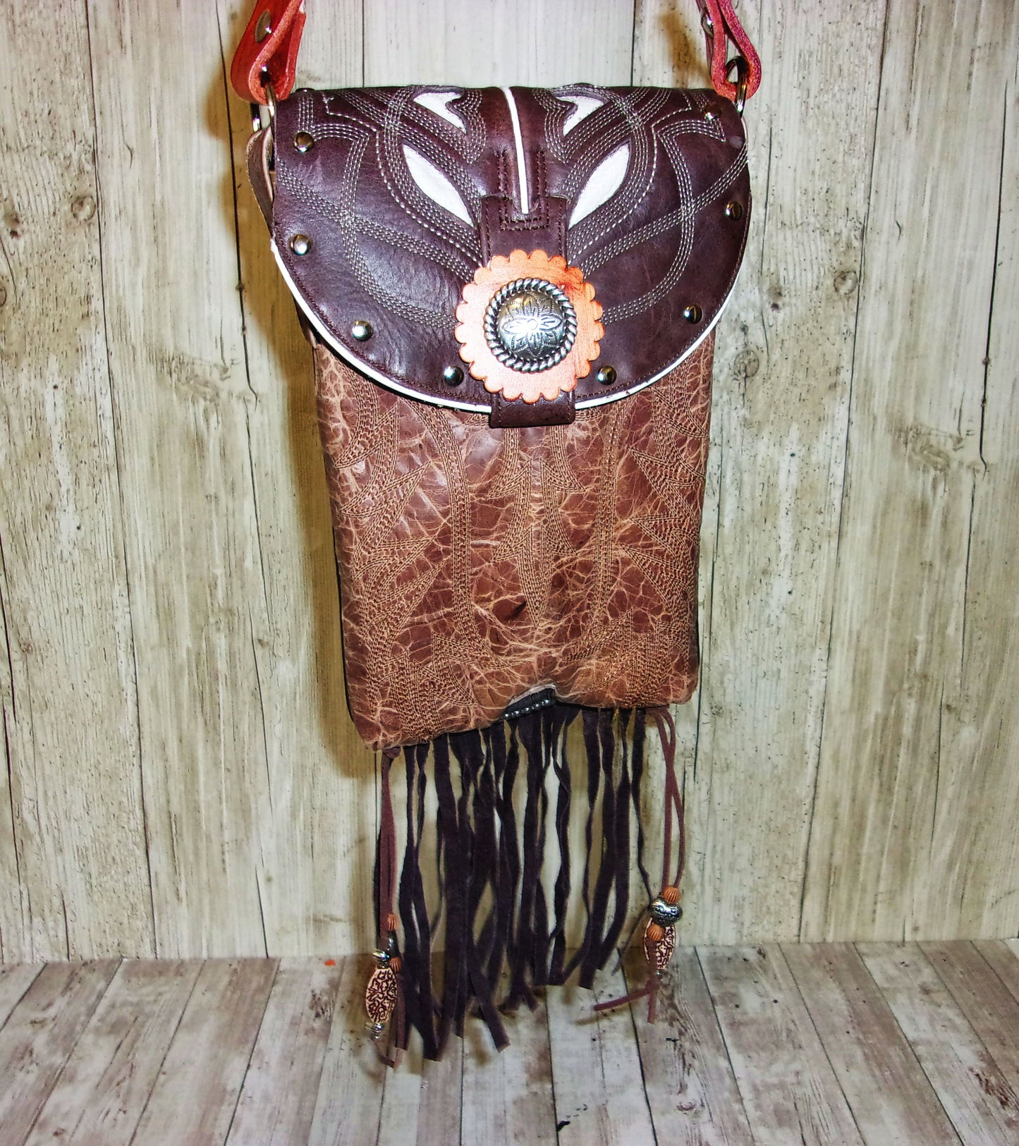 Small Concealed Carry Purse with Fringe CB113 handcrafted from cowboy boots. Shop all unique leather western handbags, purses and totes at Chris Thompson Bags