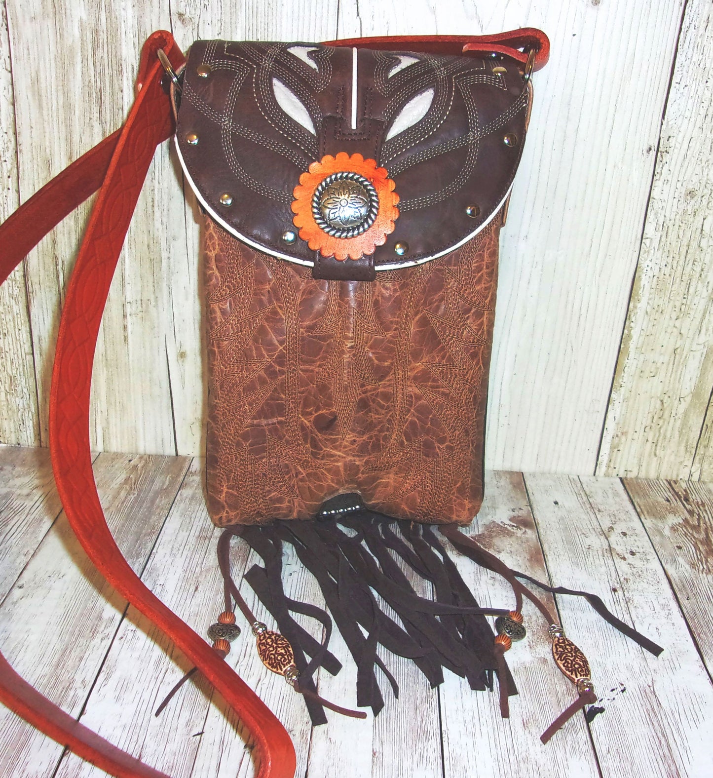 Small Concealed Carry Purse with Fringe CB113 handcrafted from cowboy boots. Shop all unique leather western handbags, purses and totes at Chris Thompson Bags