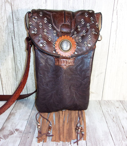 Small Concealed Carry Purse with Fringe CB38 handcrafted from cowboy boots. Shop all unique leather western handbags, purses and totes at Chris Thompson Bags