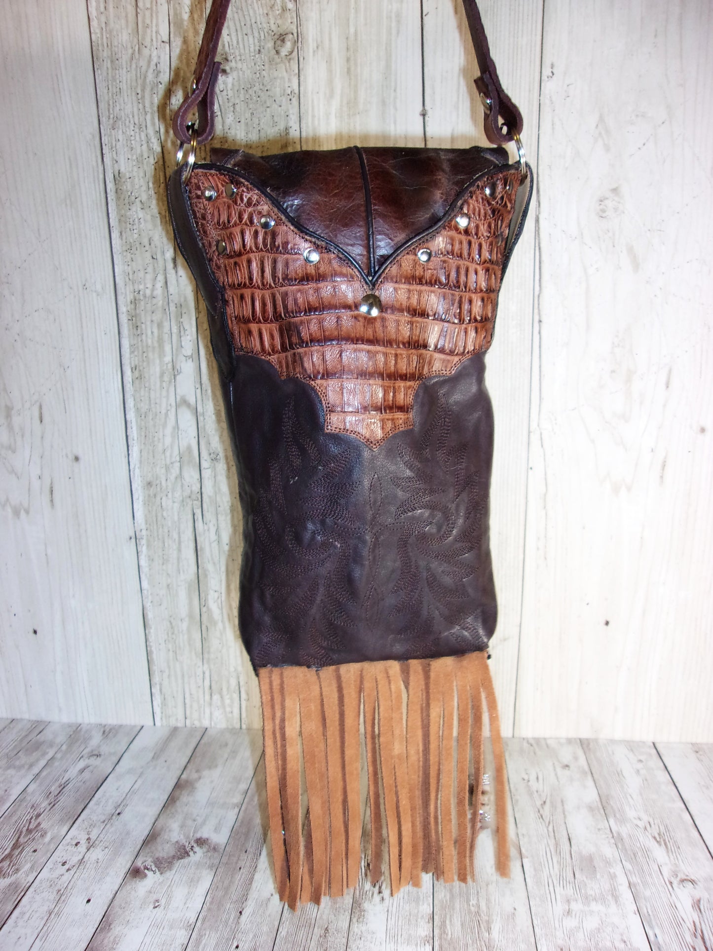 Small Concealed Carry Purse with Fringe CB38 handcrafted from cowboy boots. Shop all unique leather western handbags, purses and totes at Chris Thompson Bags